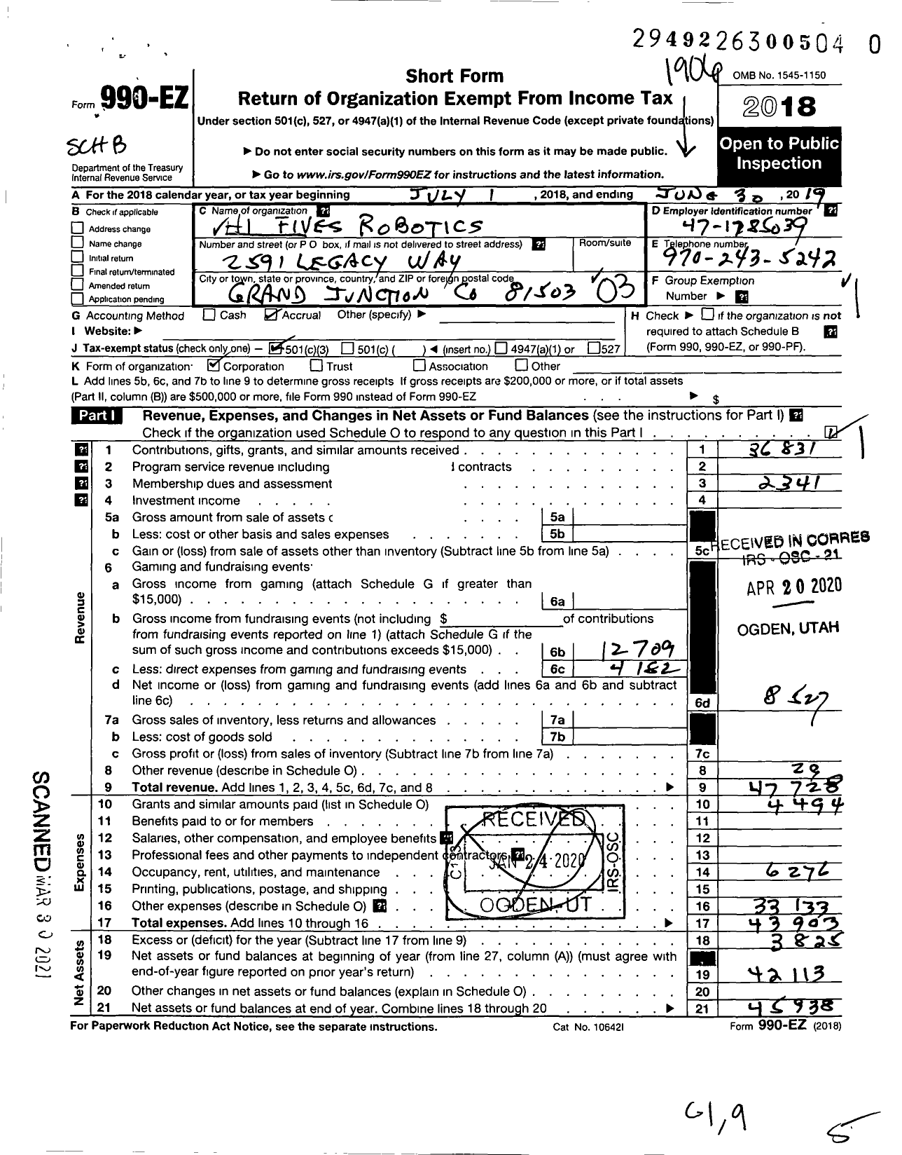 Image of first page of 2018 Form 990EZ for Hi Fives Robotics