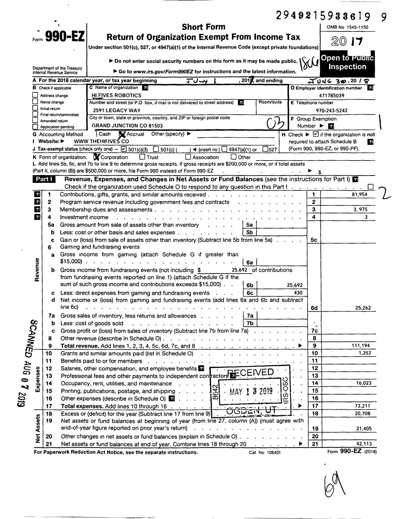 Image of first page of 2017 Form 990EZ for Hi Fives Robotics