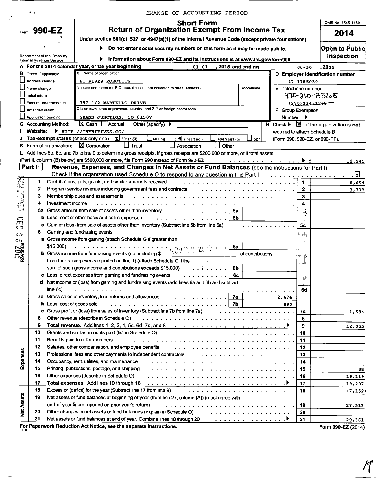 Image of first page of 2014 Form 990EZ for Hi Fives Robotics