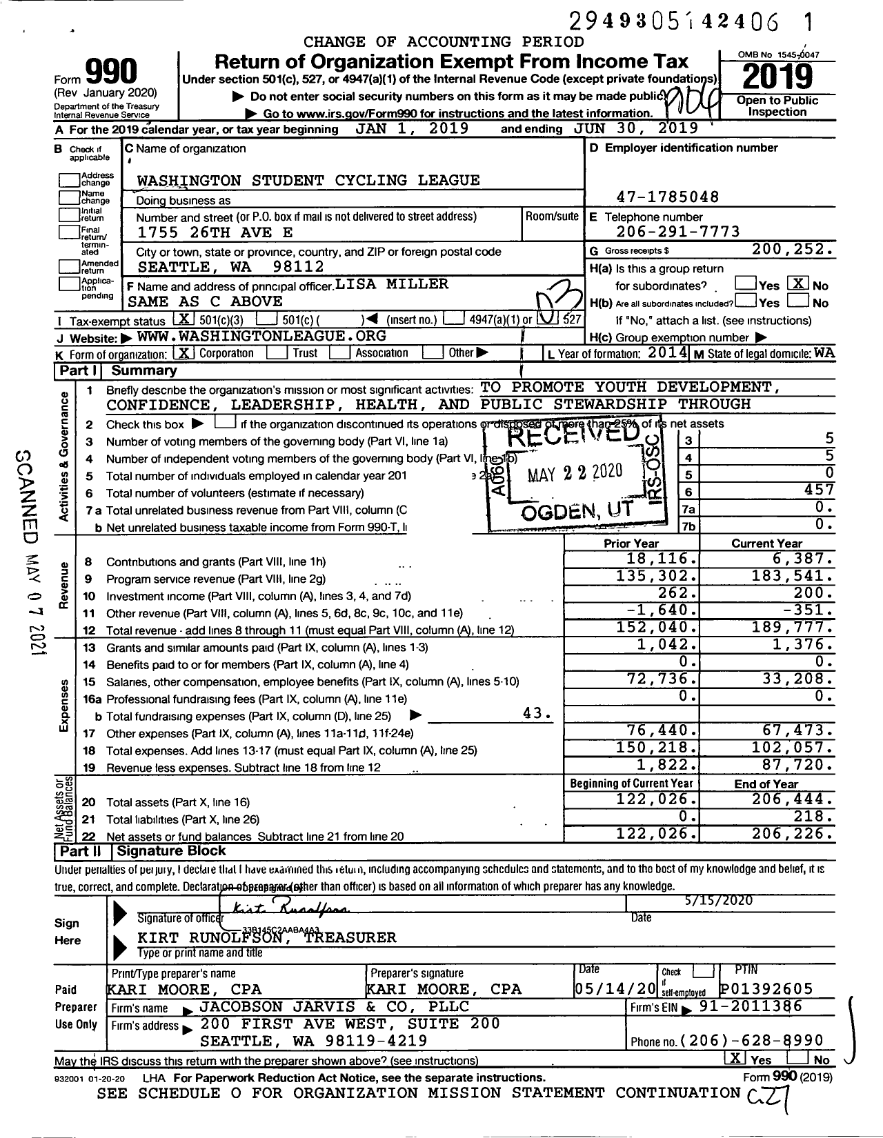 Image of first page of 2018 Form 990 for Washington Student Cycling League