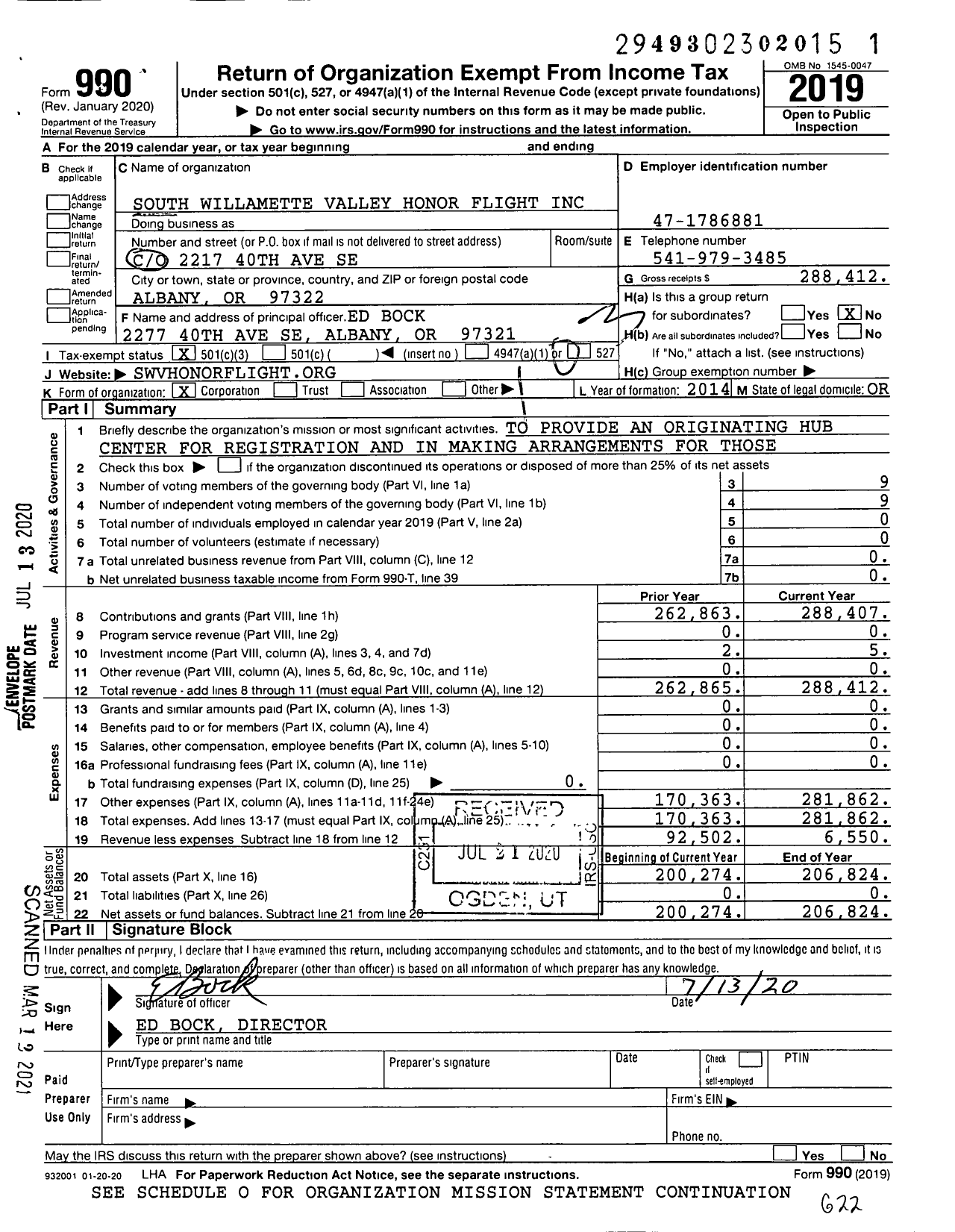 Image of first page of 2019 Form 990 for South Willamette Valley Honor Flight