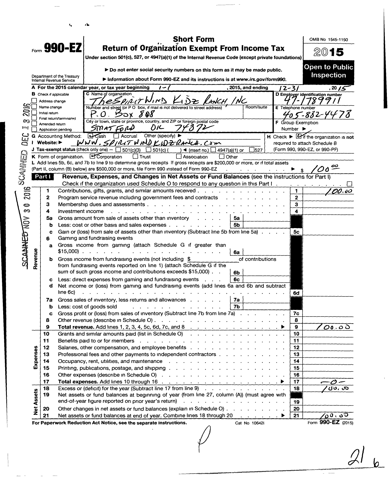 Image of first page of 2015 Form 990EO for Spirit Wind Kidz Ranch