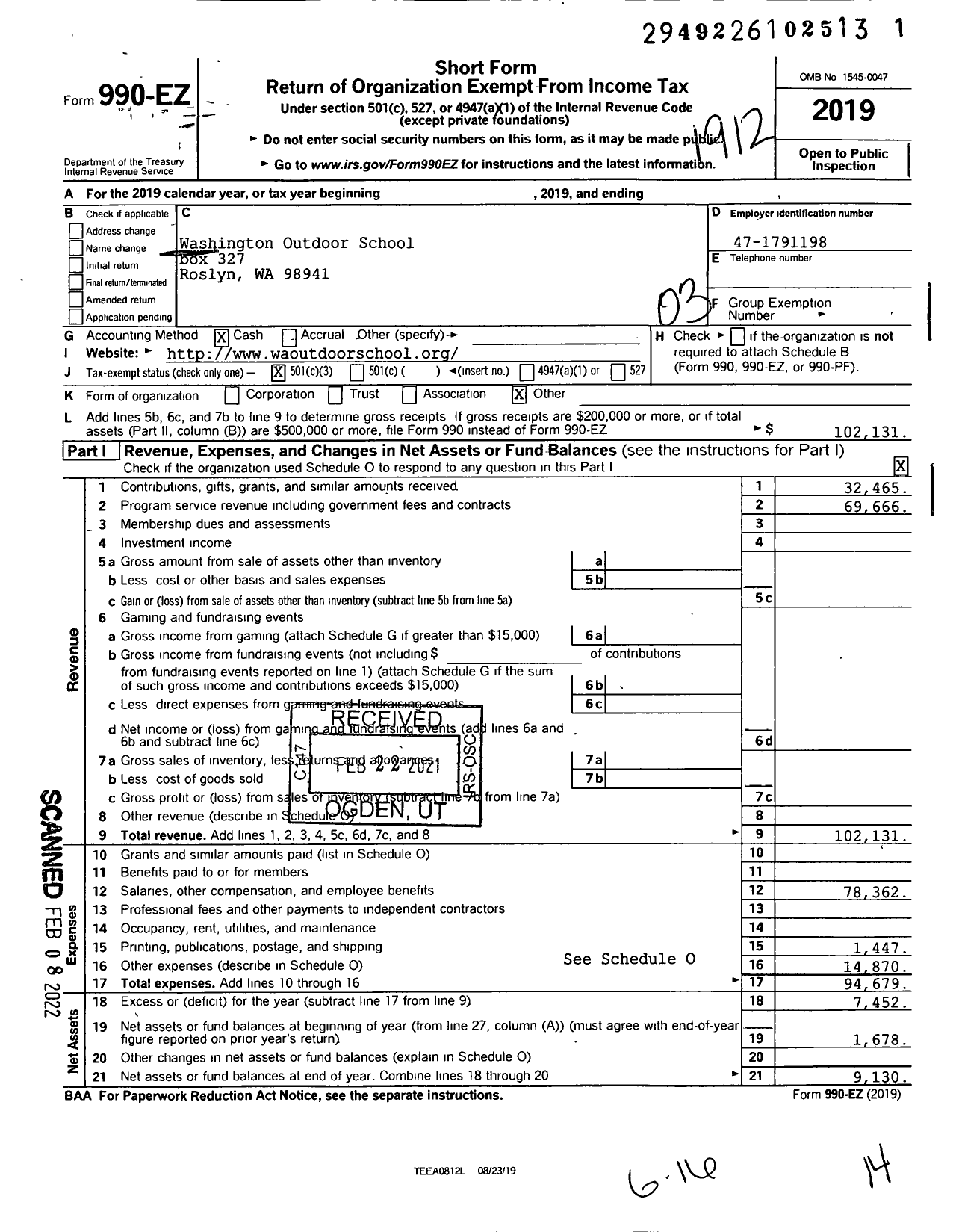 Image of first page of 2019 Form 990EZ for Washington Outdoor School