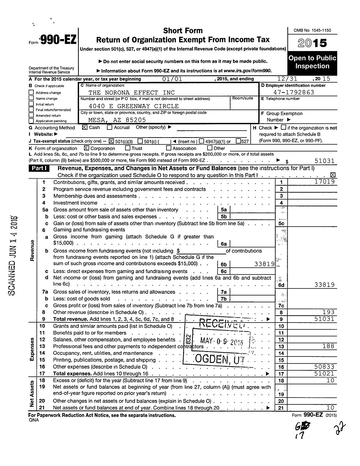 Image of first page of 2015 Form 990EZ for The Norona Effect