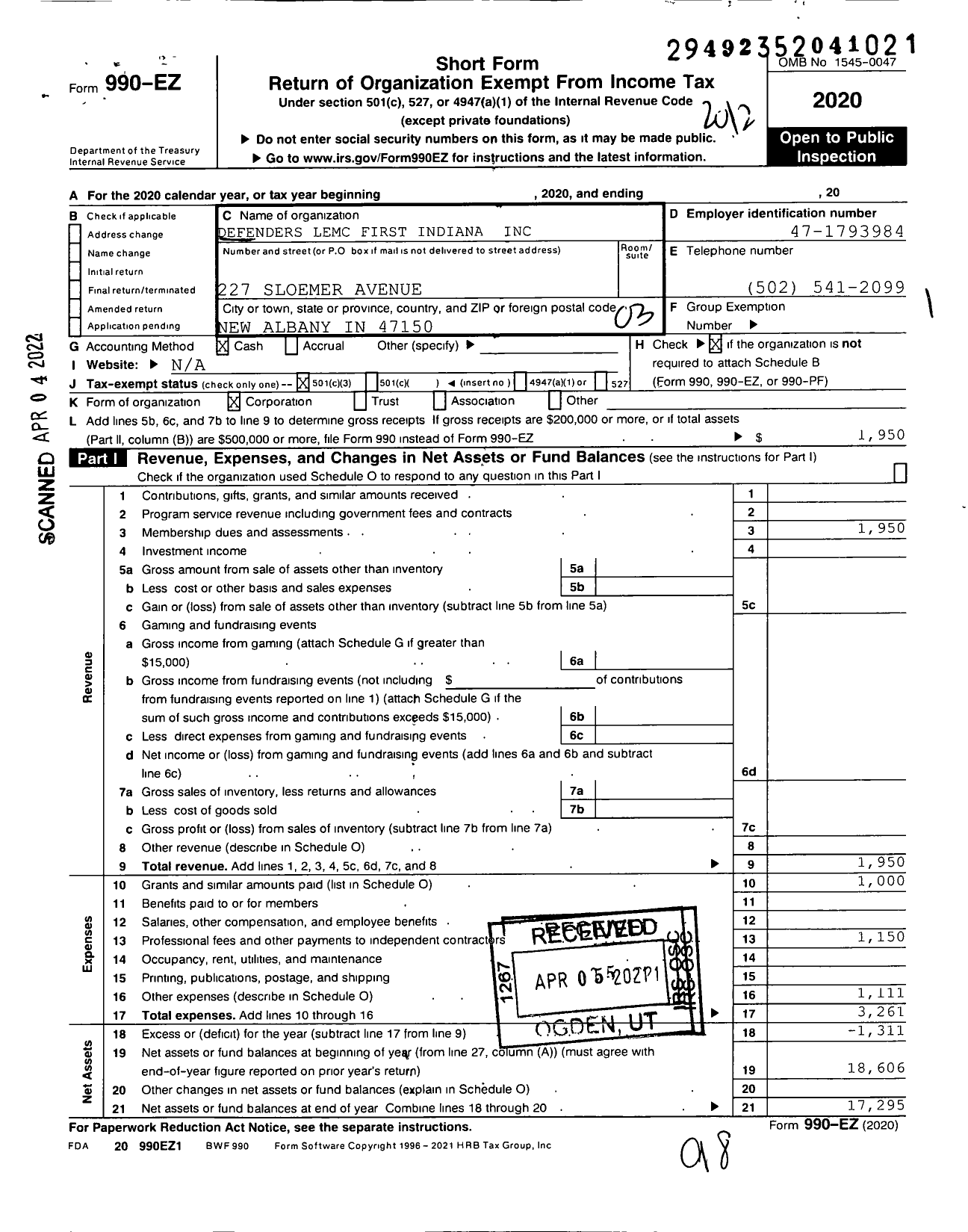 Image of first page of 2020 Form 990EZ for Defenders Lemc First Indiana