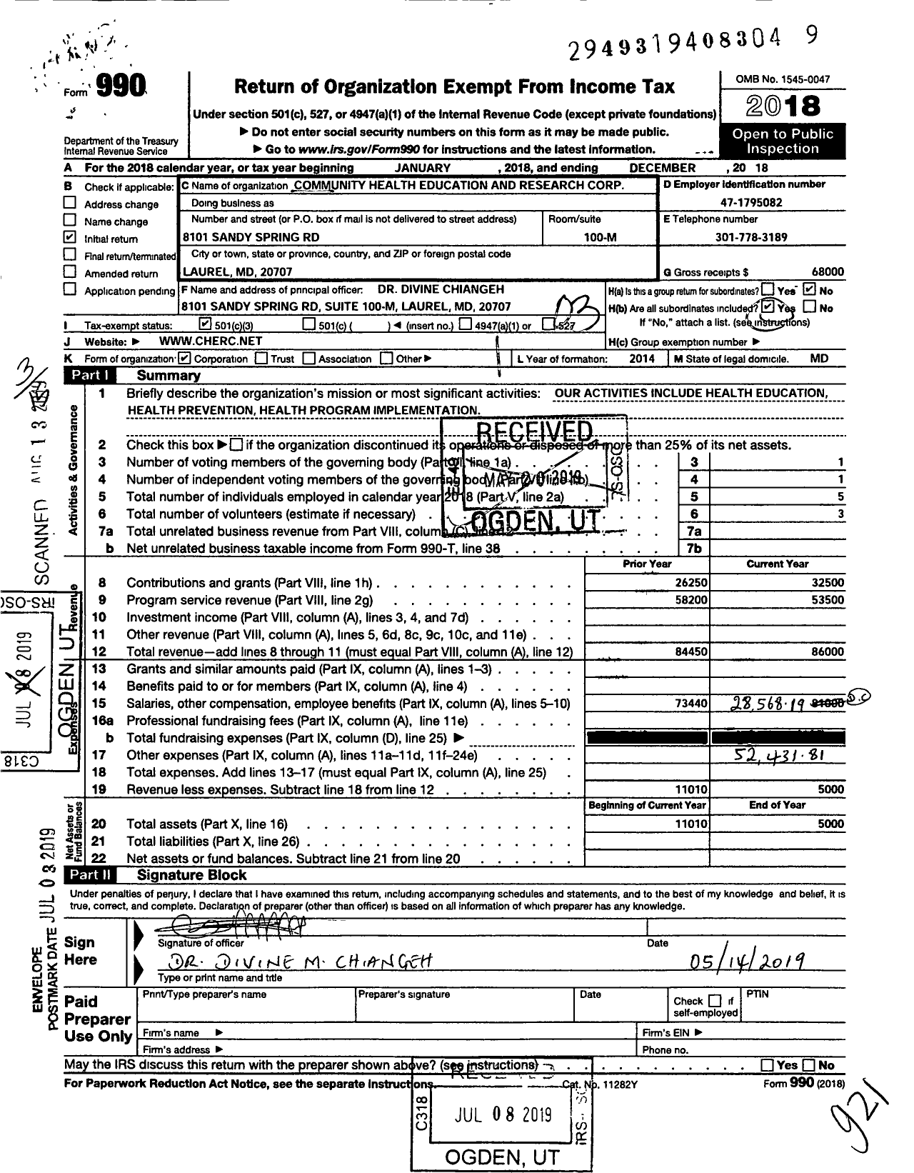 Image of first page of 2018 Form 990 for Community Health Education and Research Corporation