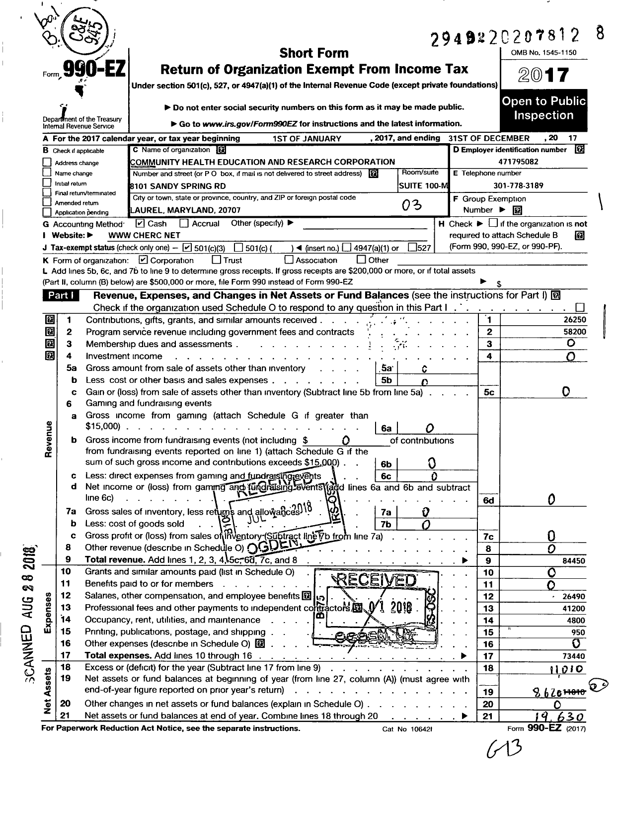 Image of first page of 2017 Form 990EZ for Community Health Education and Research Corporation