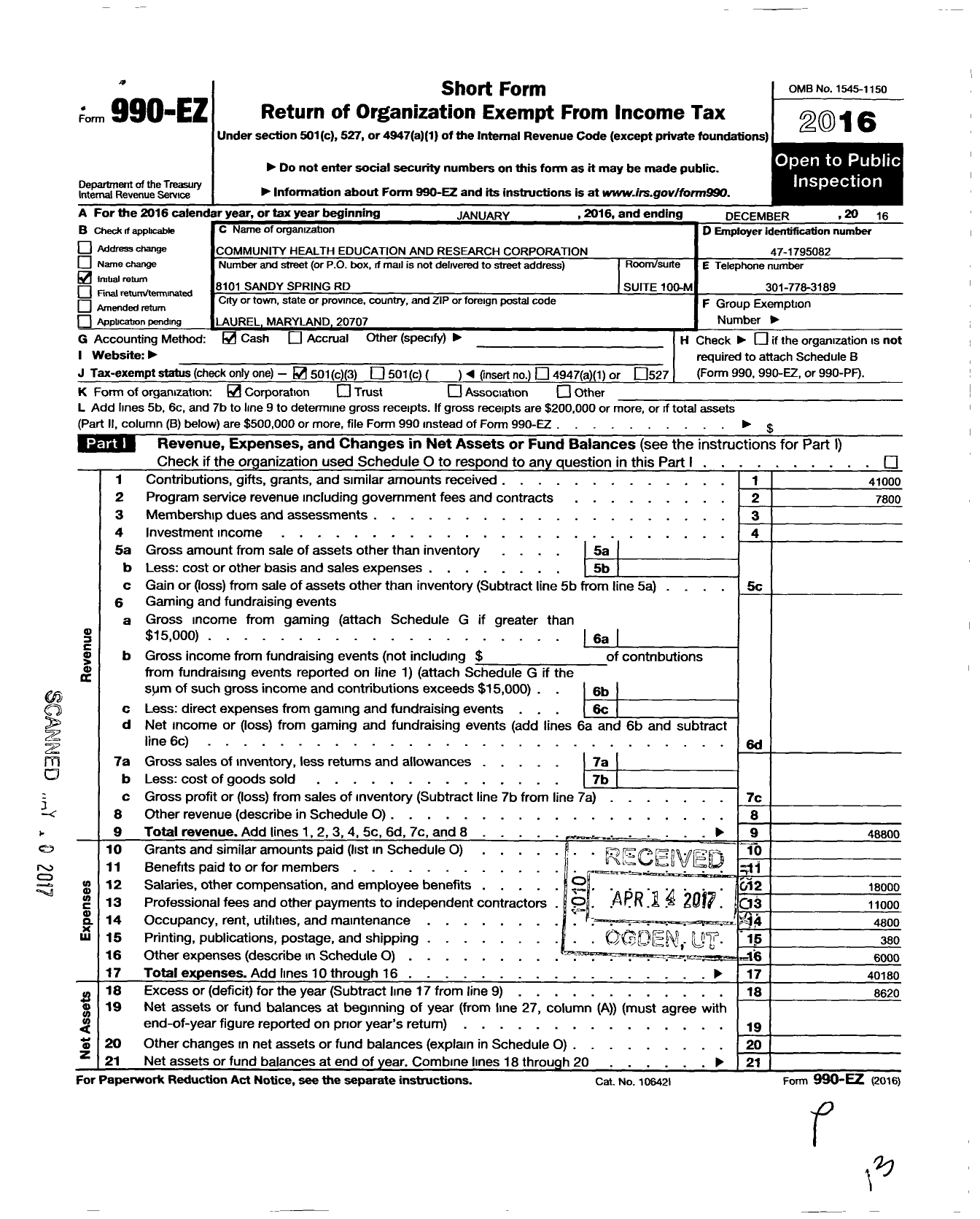 Image of first page of 2016 Form 990EZ for Community Health Education and Research Corporation