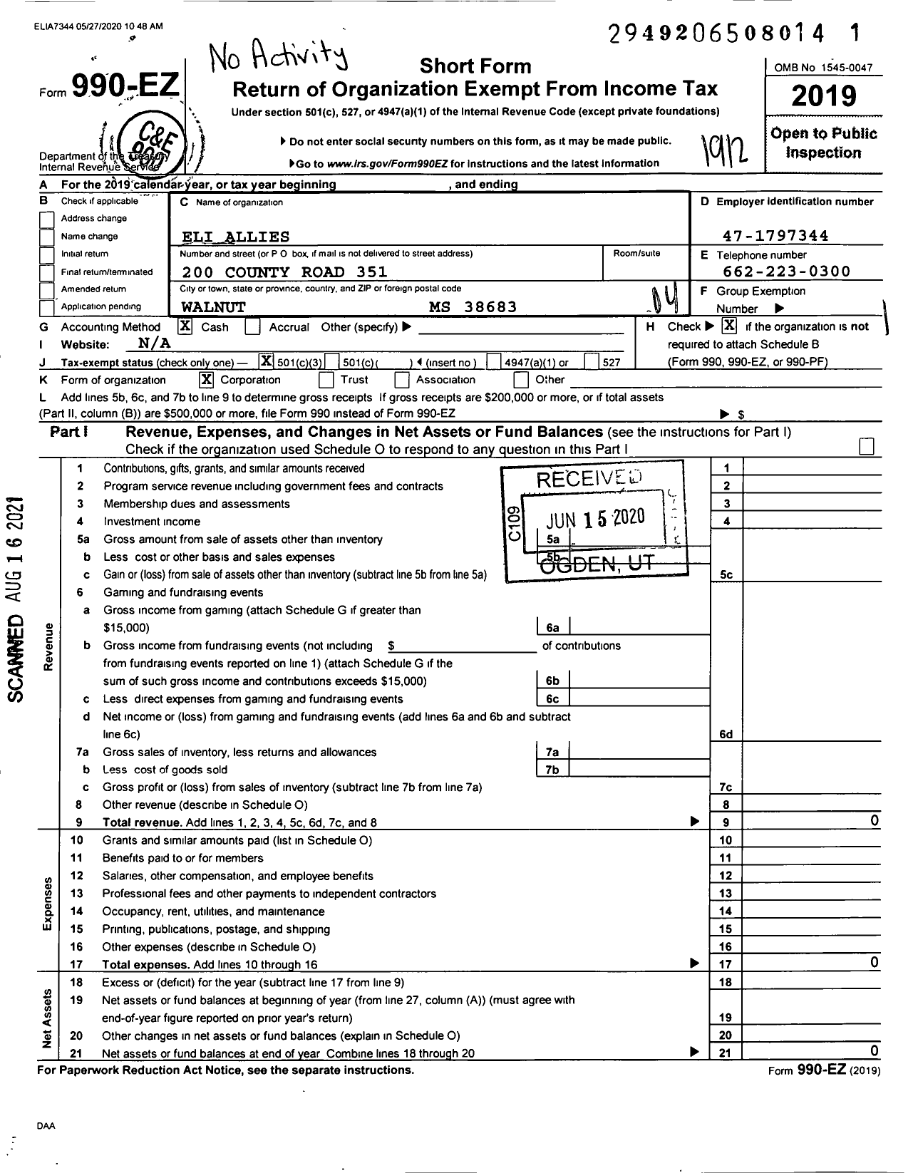 Image of first page of 2019 Form 990EO for Eli Allies Amanda Wilburn