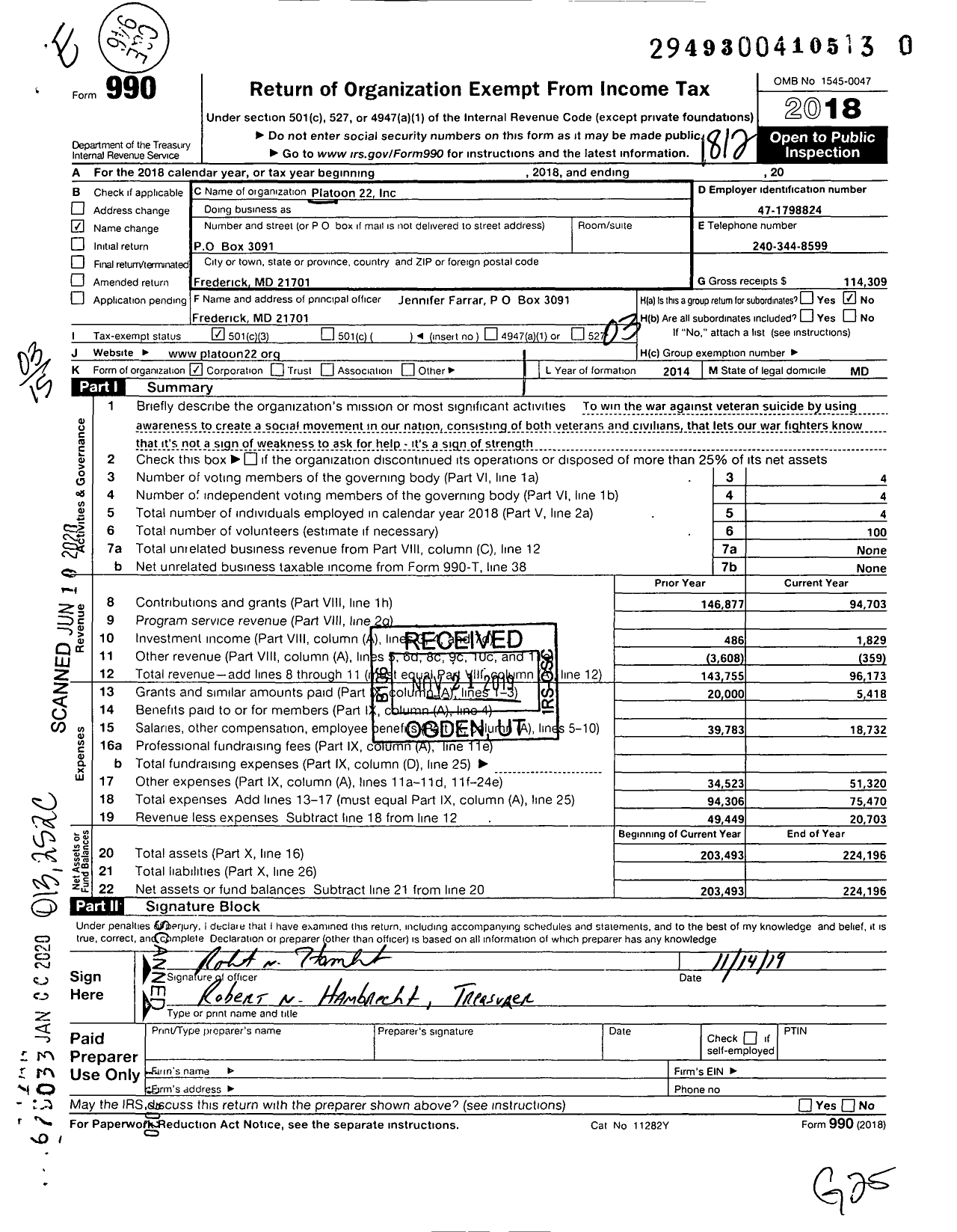 Image of first page of 2018 Form 990 for Platoon 22