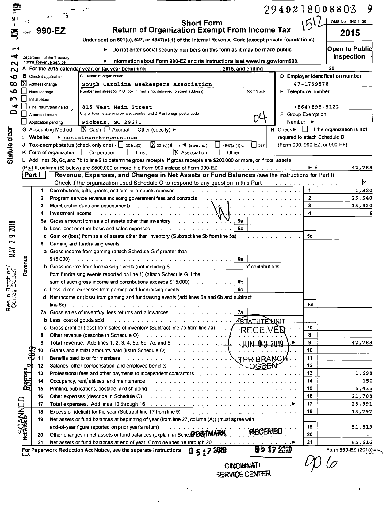 Image of first page of 2015 Form 990EO for South Carolina Beekeepers Association