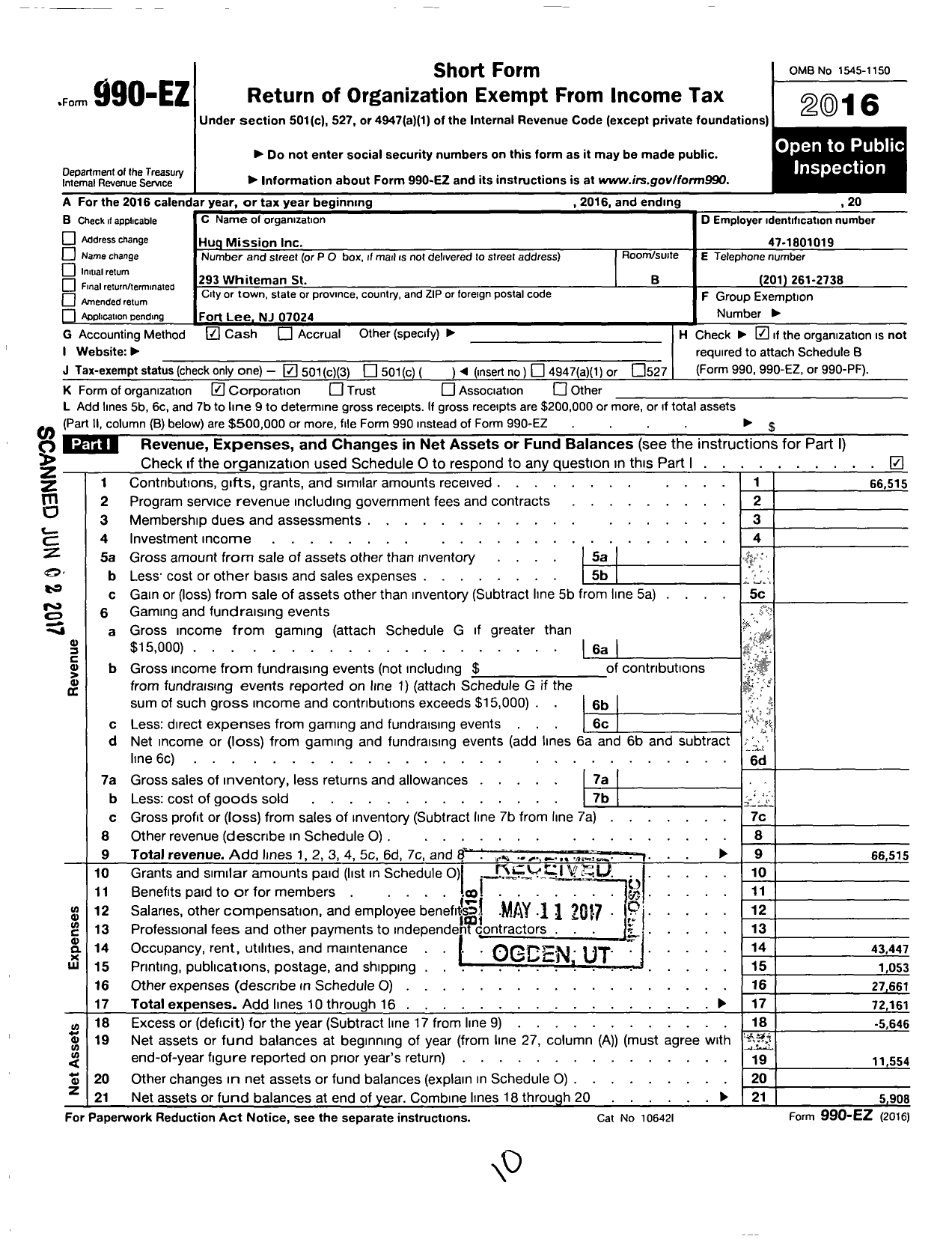 Image of first page of 2016 Form 990EZ for Hug Mission