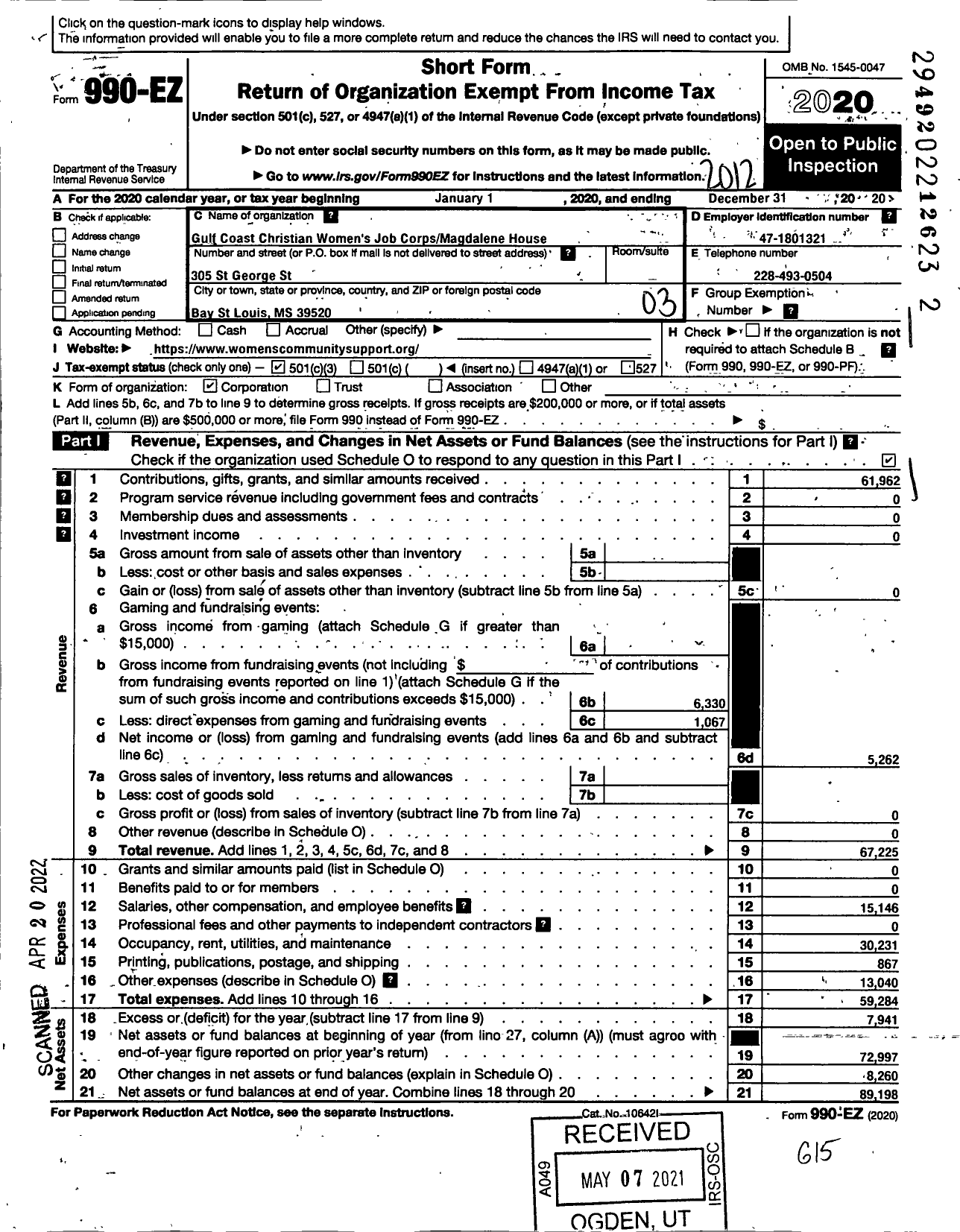 Image of first page of 2020 Form 990EZ for Gulf Coast Christian Women's Job CorpMagdalene House