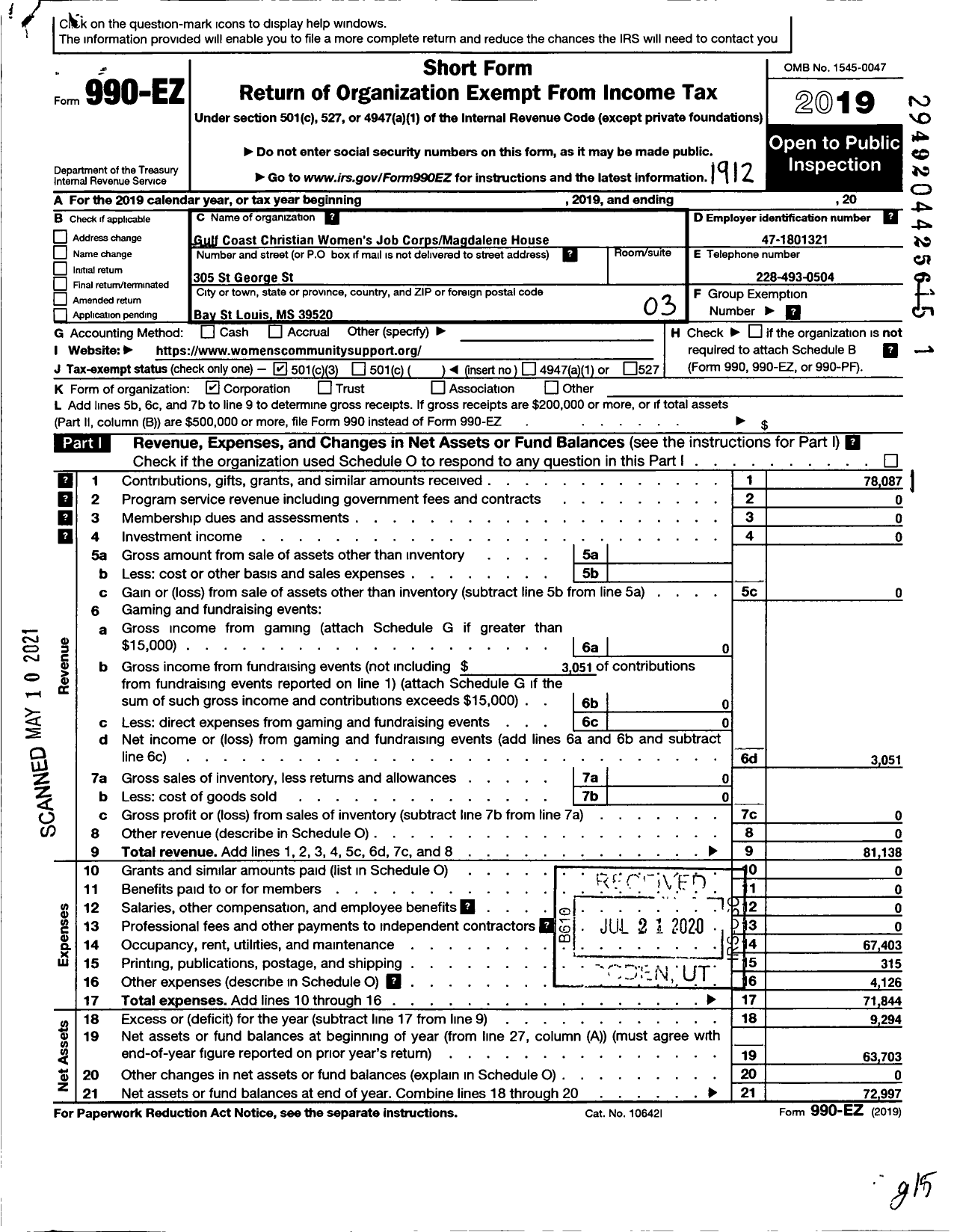 Image of first page of 2019 Form 990EZ for Gulf Coast Christian Women's Job CorpMagdalene House