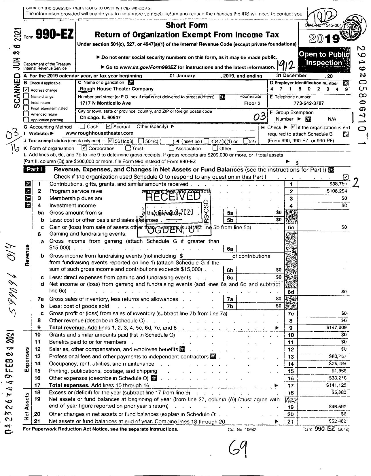 Image of first page of 2019 Form 990EZ for Rough House Theater Company