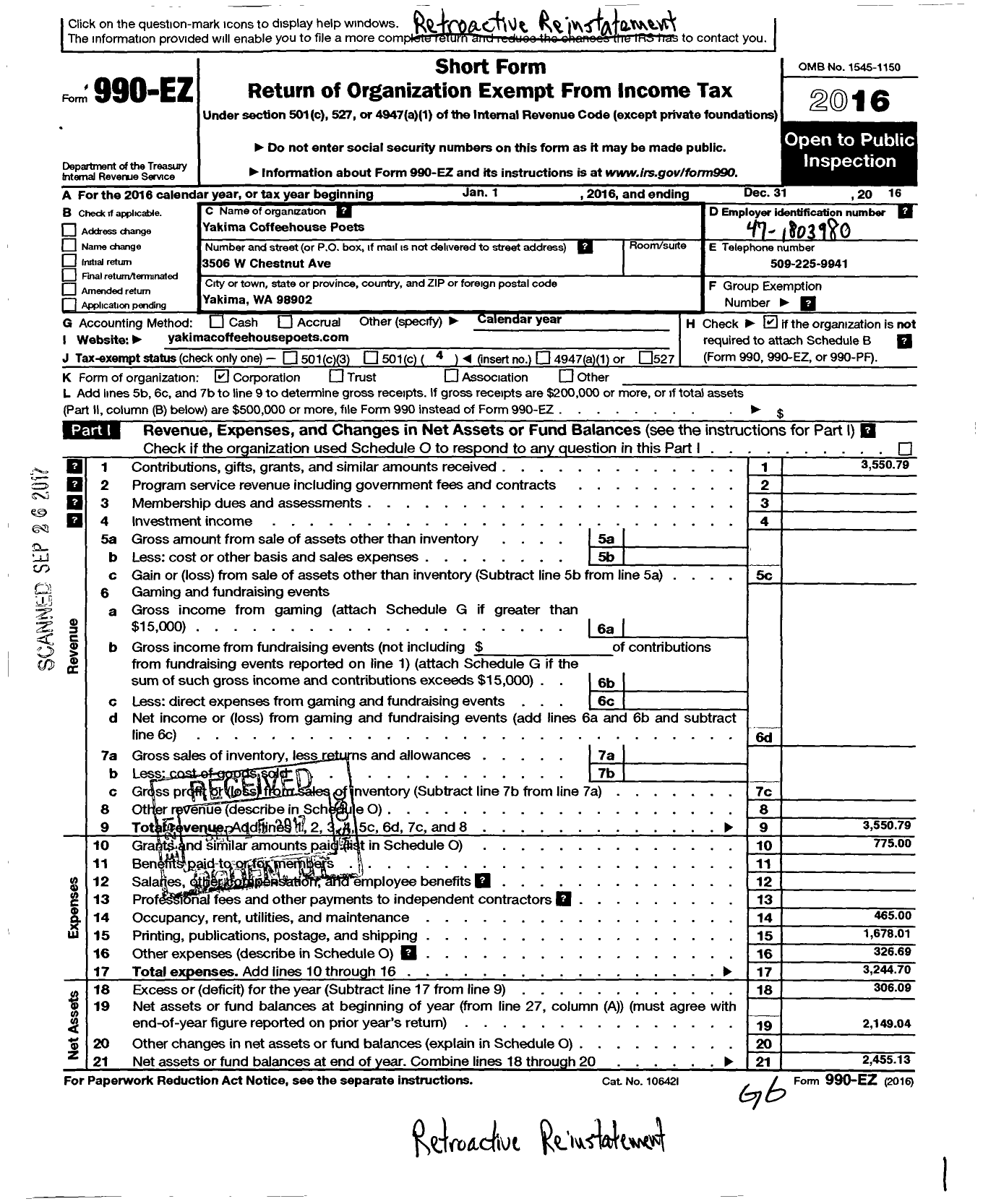 Image of first page of 2016 Form 990EO for Yakima Coffeehouse Poets