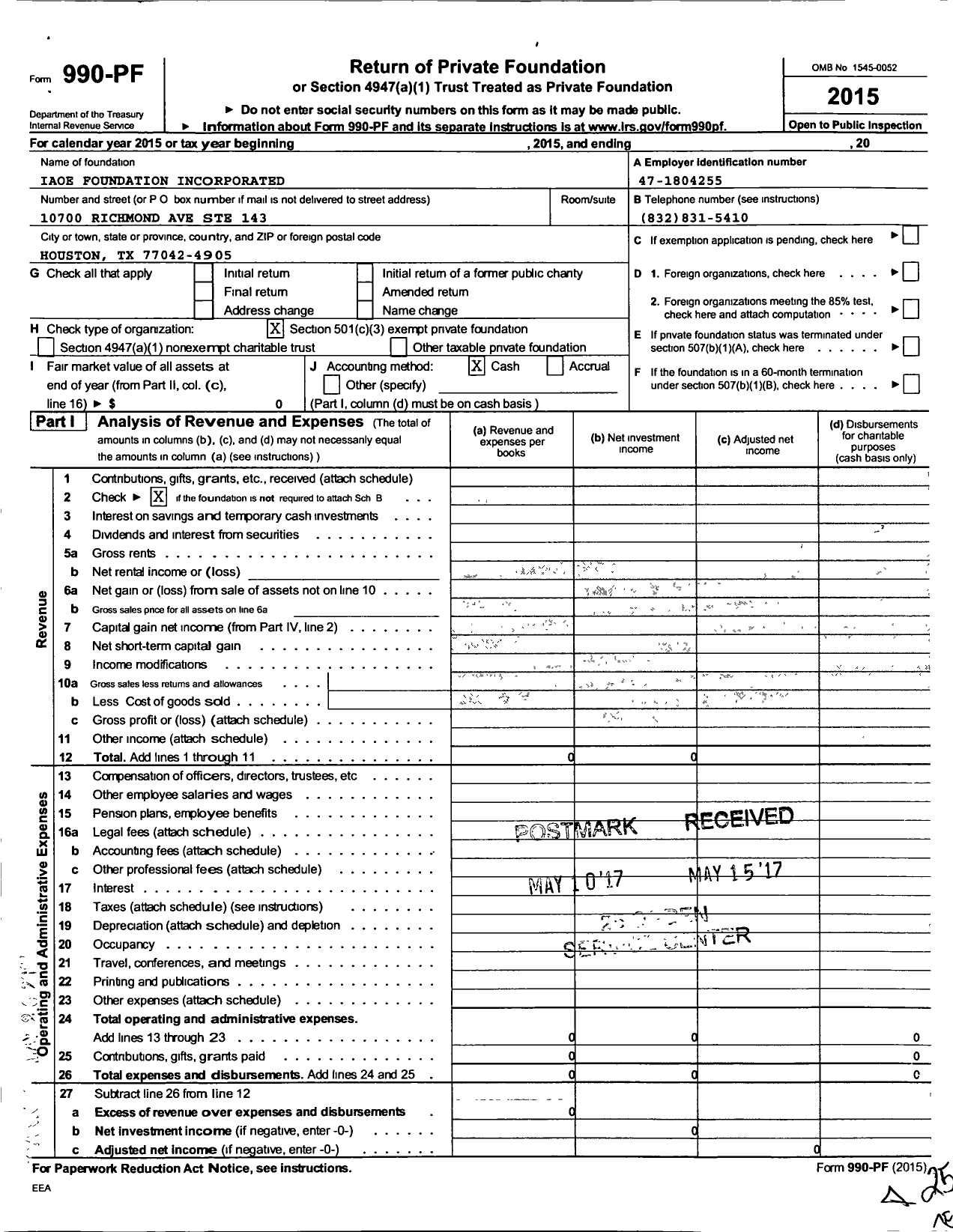 Image of first page of 2015 Form 990PF for Iaoe Foundation Incorporated
