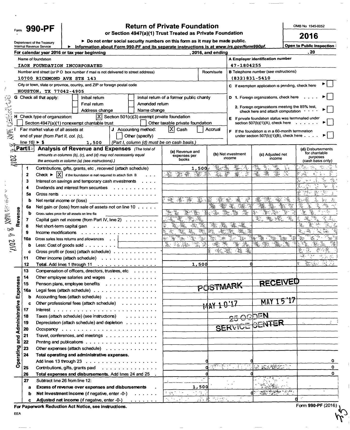 Image of first page of 2016 Form 990PF for Iaoe Foundation Incorporated
