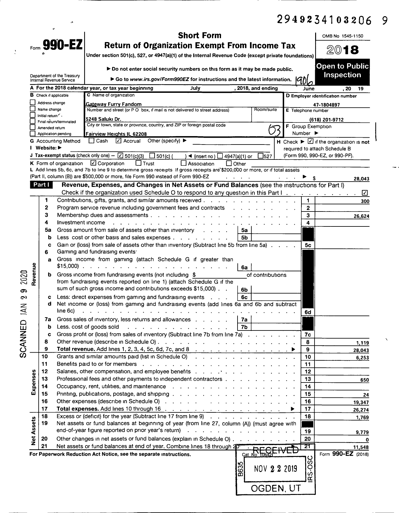 Image of first page of 2018 Form 990EZ for Gateway Furry Fandom