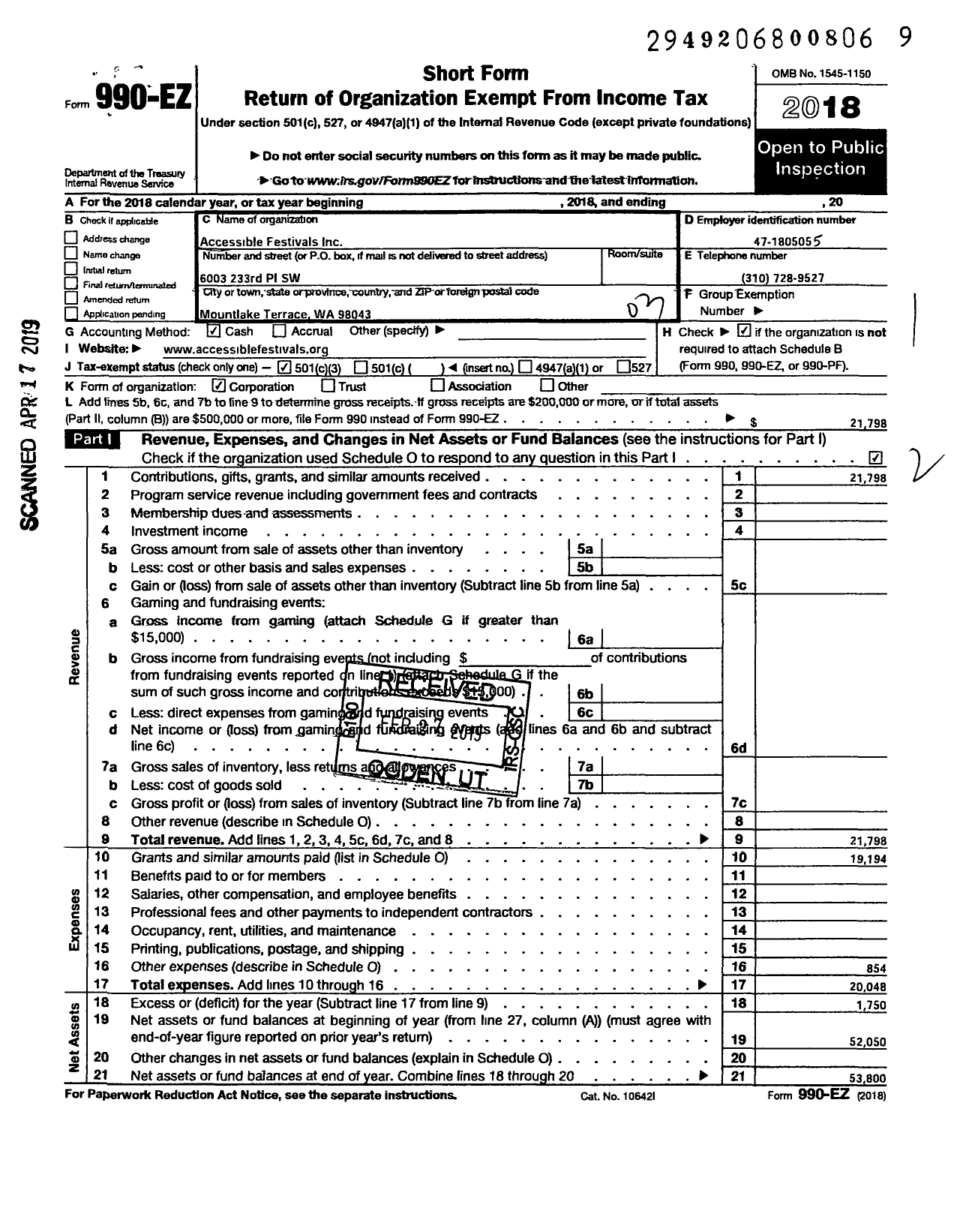 Image of first page of 2018 Form 990EZ for Accessible Festivals