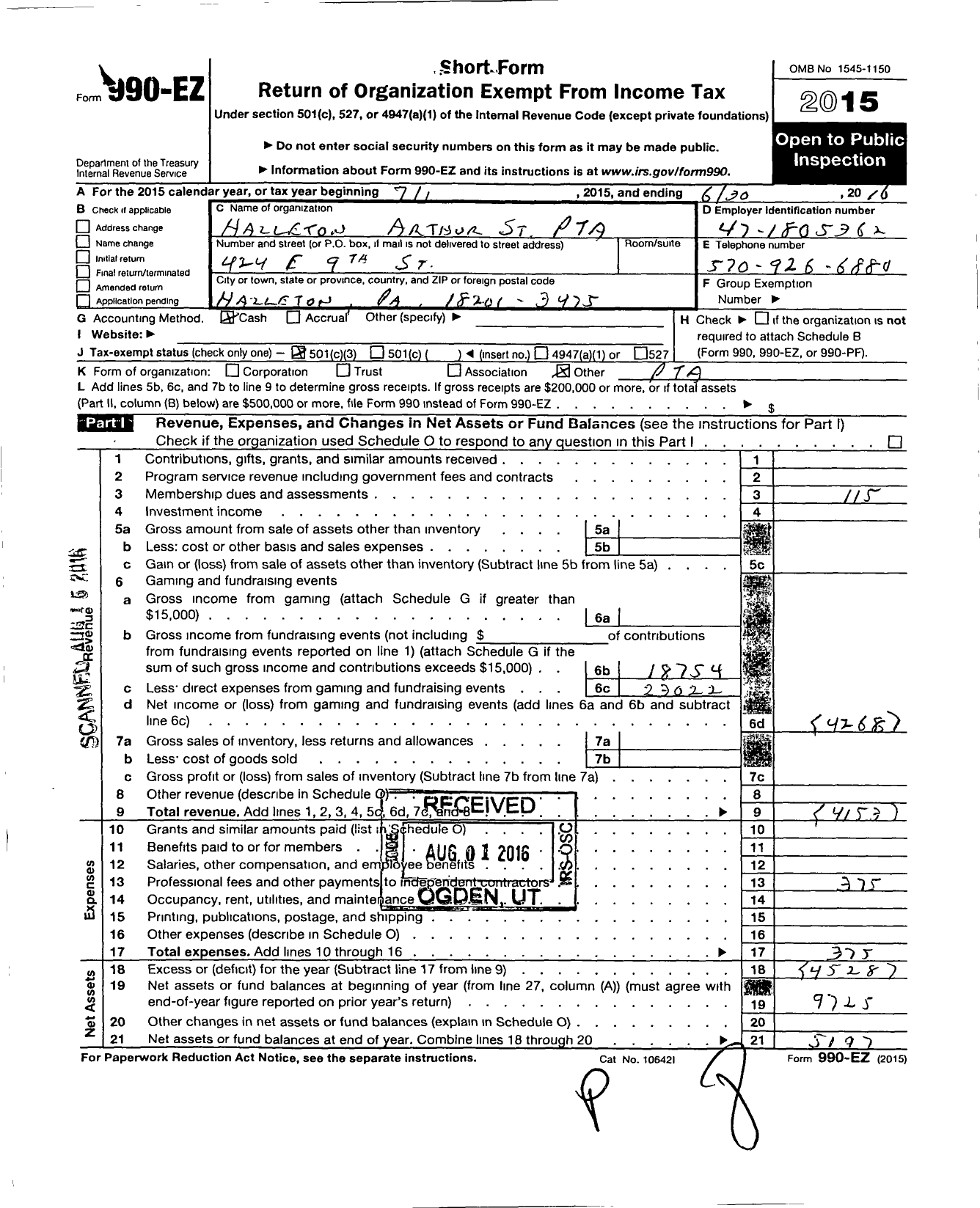 Image of first page of 2015 Form 990EZ for PTA Pennsylvania Congress / Hazleton Arthur Street PTA