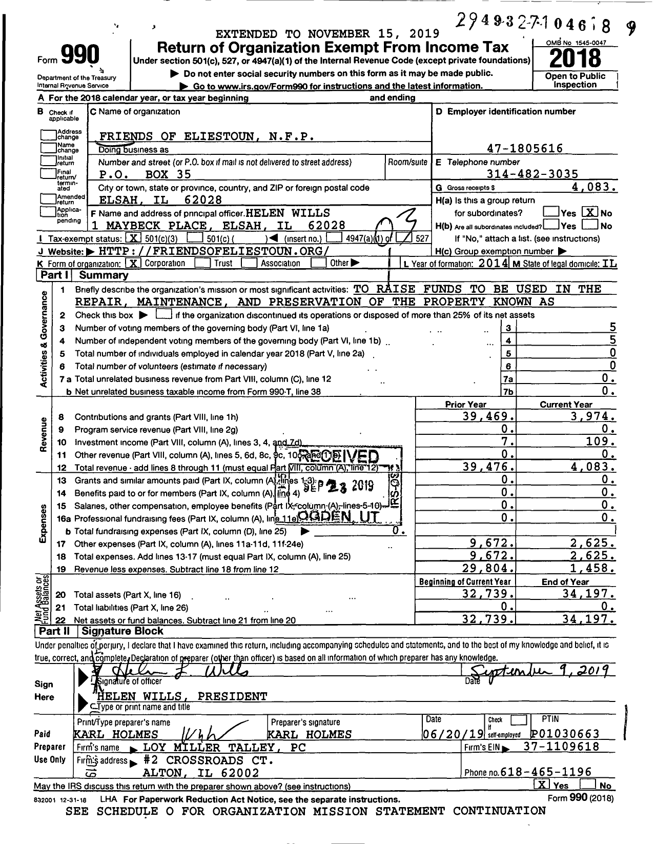 Image of first page of 2018 Form 990 for Friends of Eliestoun NFP