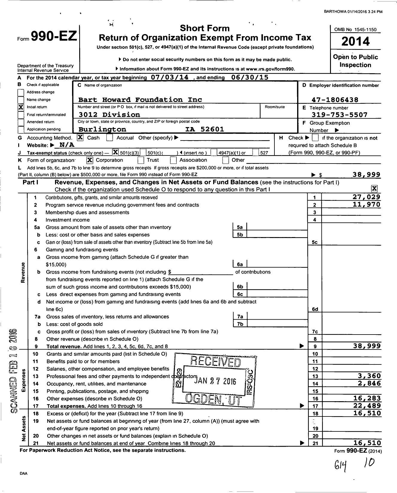 Image of first page of 2014 Form 990EZ for Bart Howard Foundation