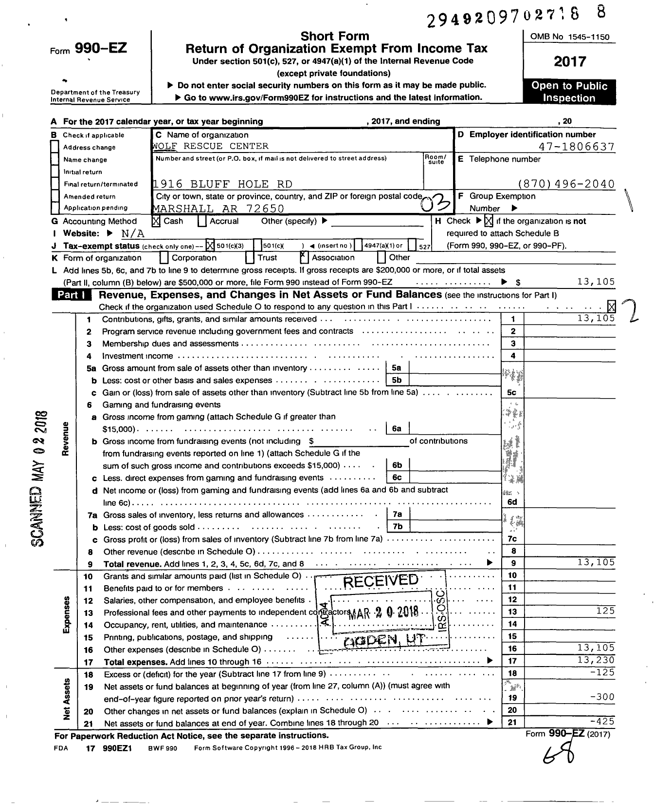 Image of first page of 2017 Form 990EZ for Wolf Rescue Center