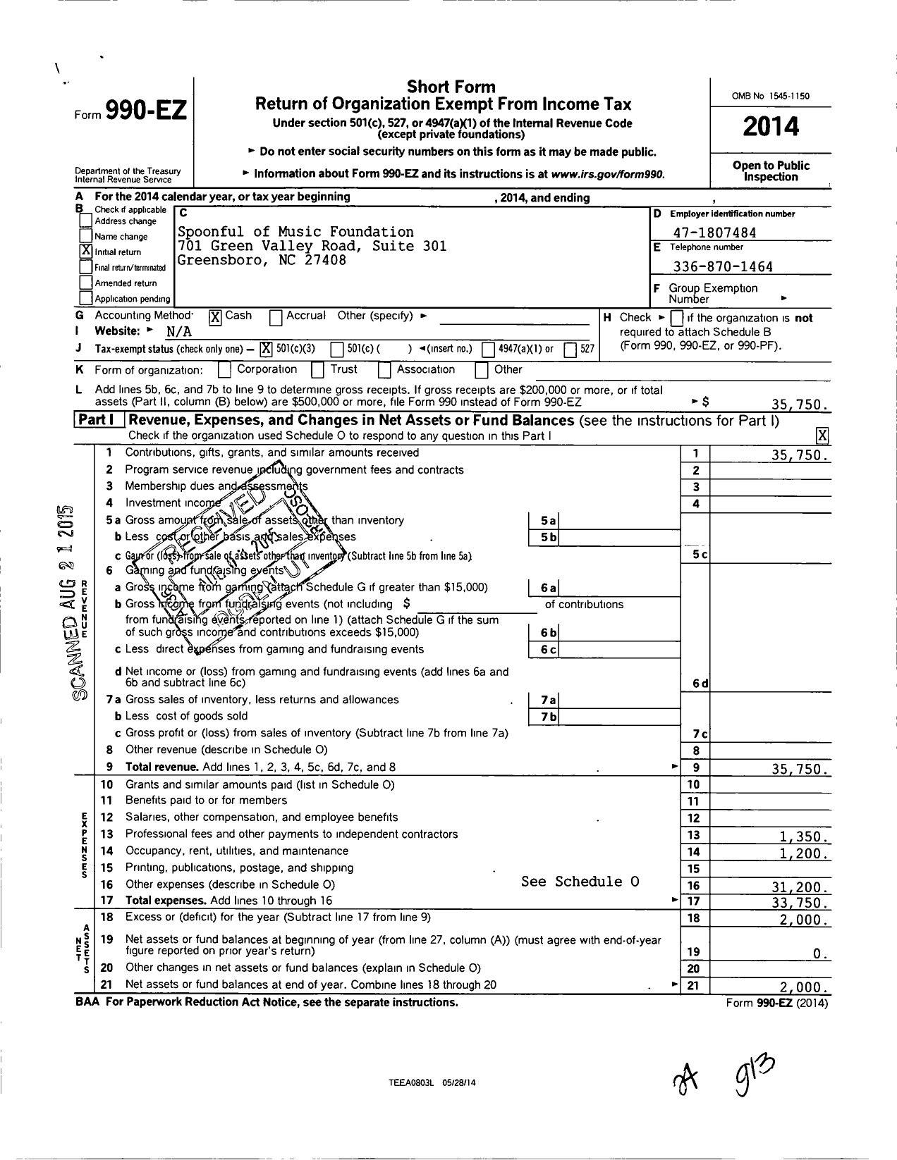 Image of first page of 2014 Form 990EZ for Spoonful of Music Foundation