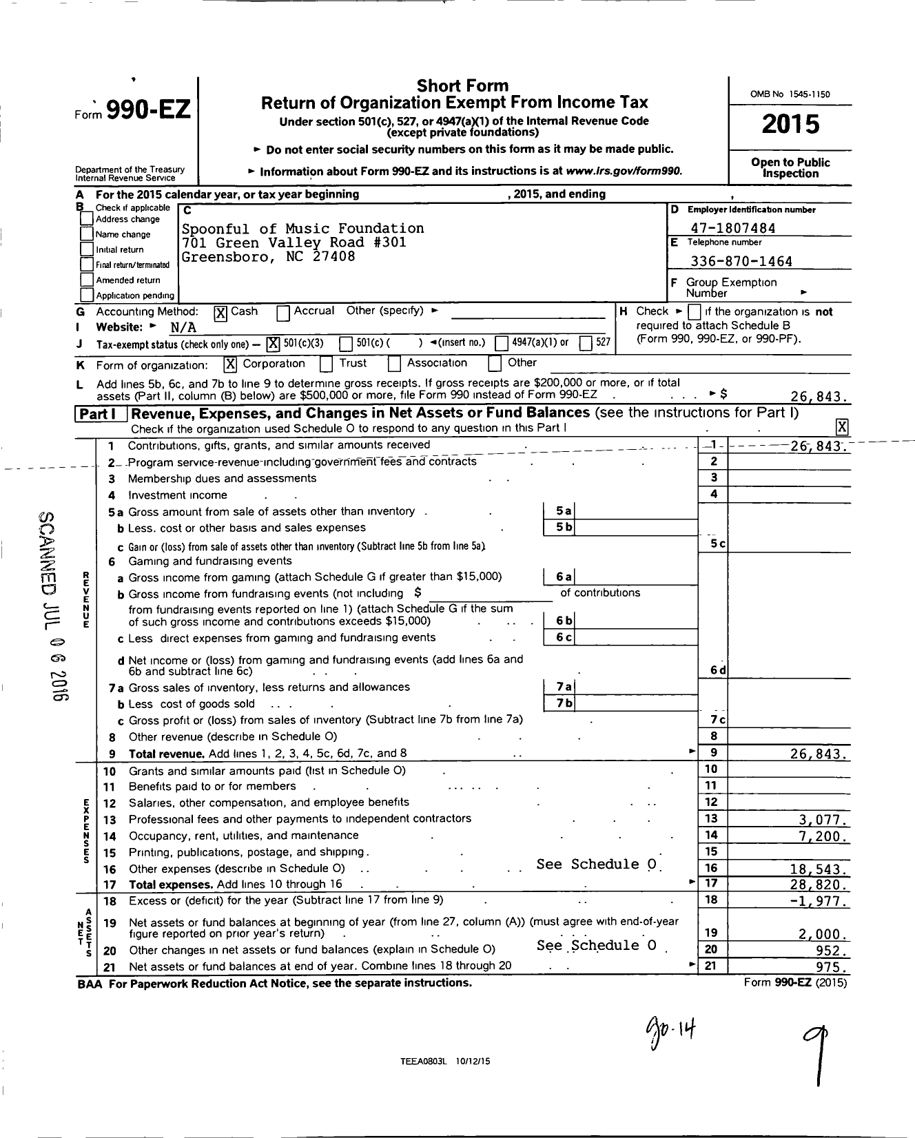 Image of first page of 2015 Form 990EZ for Spoonful of Music Foundation