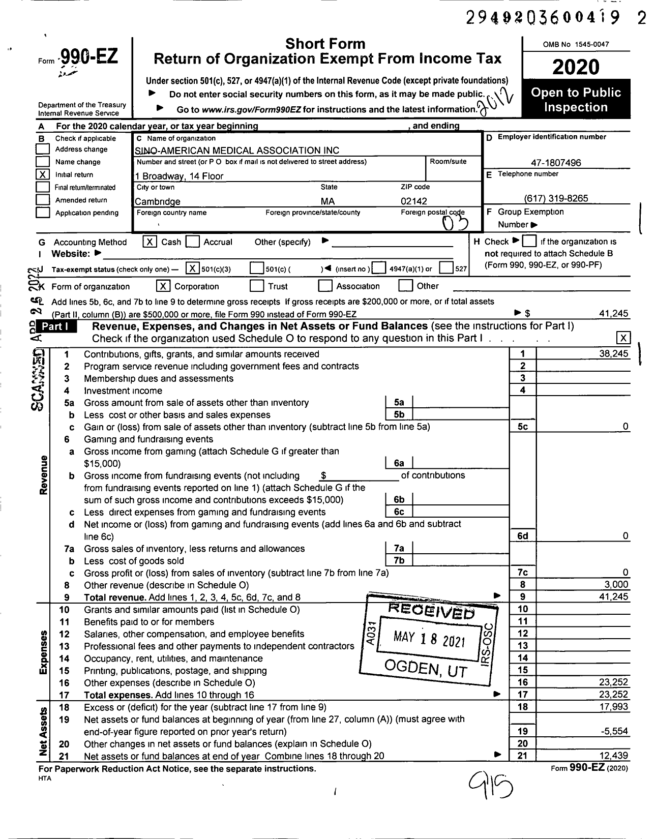 Image of first page of 2020 Form 990EZ for Sino-American Medical Association