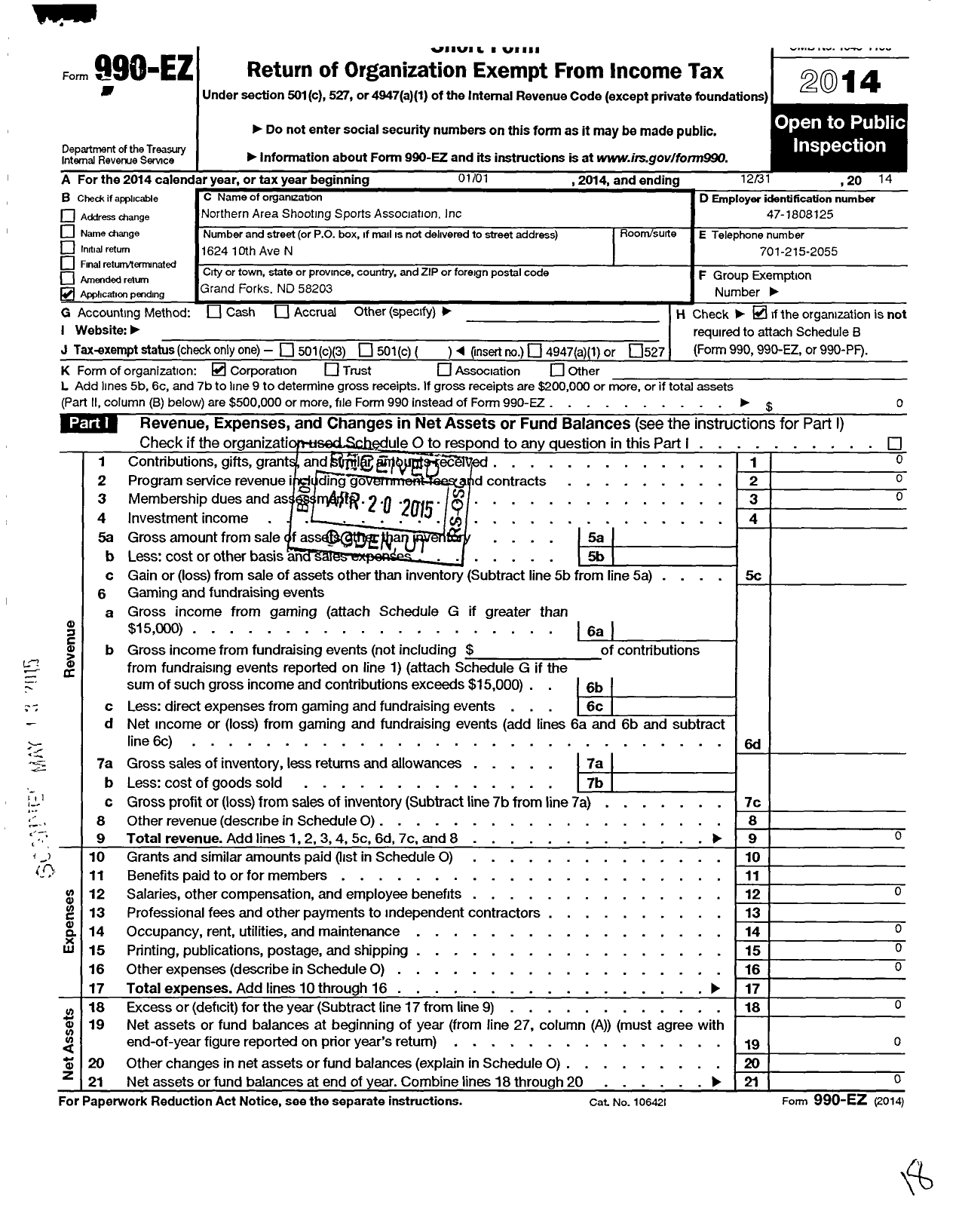 Image of first page of 2014 Form 990EO for Northern Area Shooting Sports Association