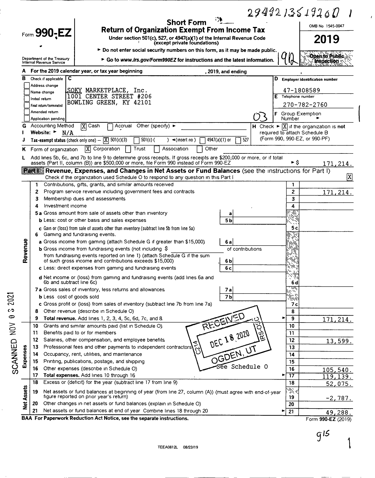 Image of first page of 2019 Form 990EZ for Soky Marketplace