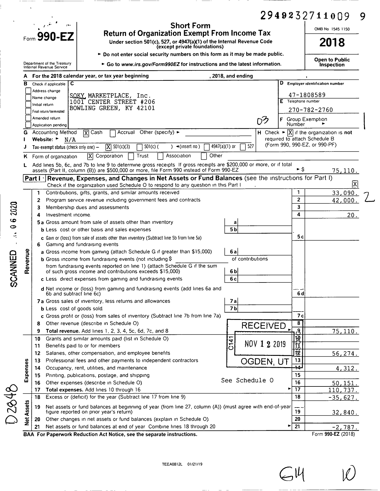 Image of first page of 2018 Form 990EZ for Soky Marketplace