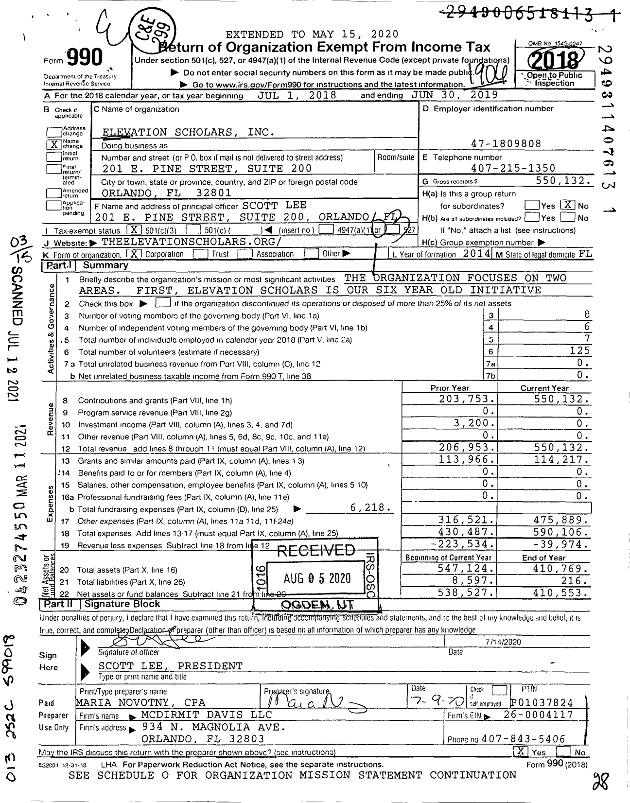 Image of first page of 2018 Form 990 for Elevation Scholars