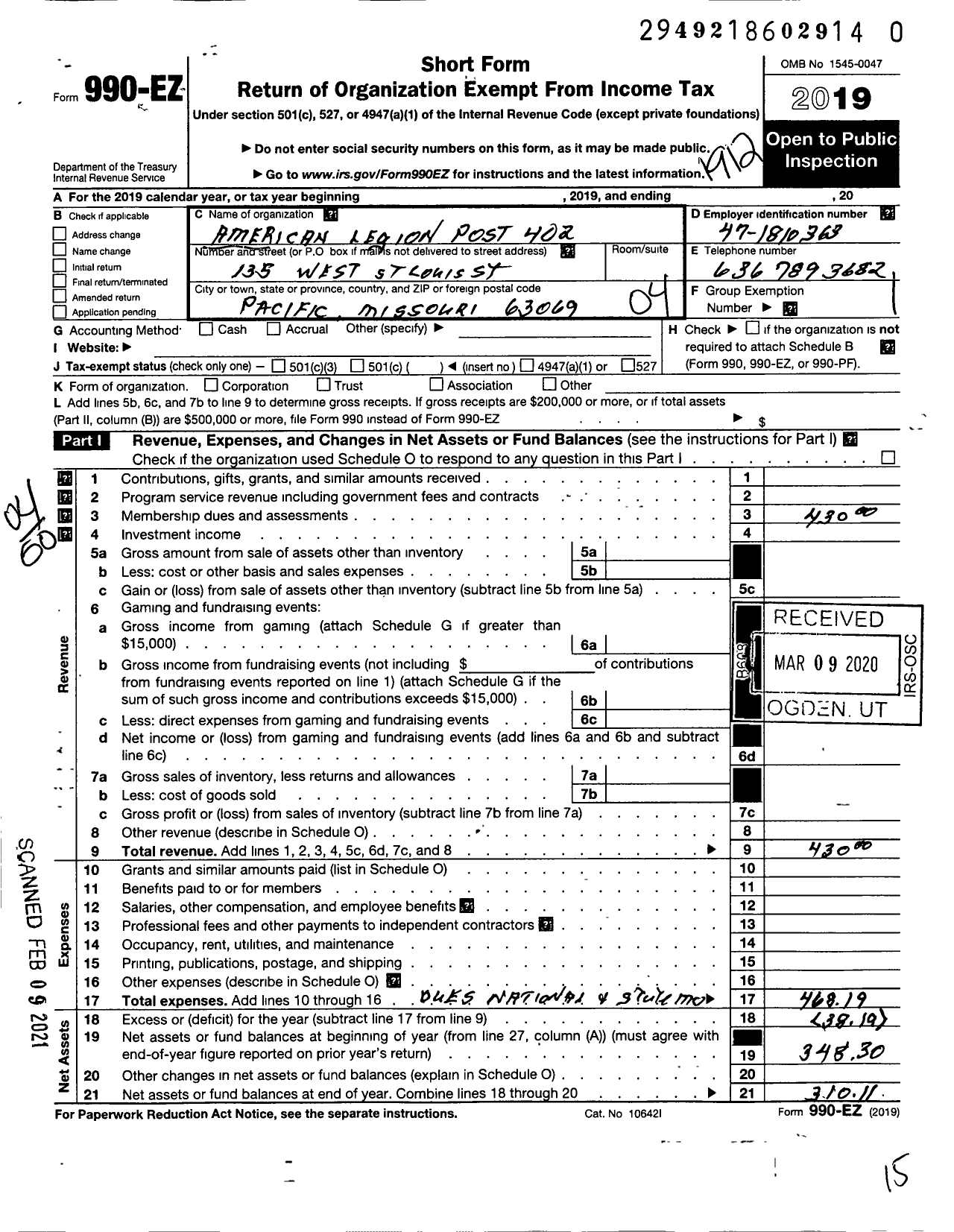 Image of first page of 2019 Form 990EO for American Legion Post 402