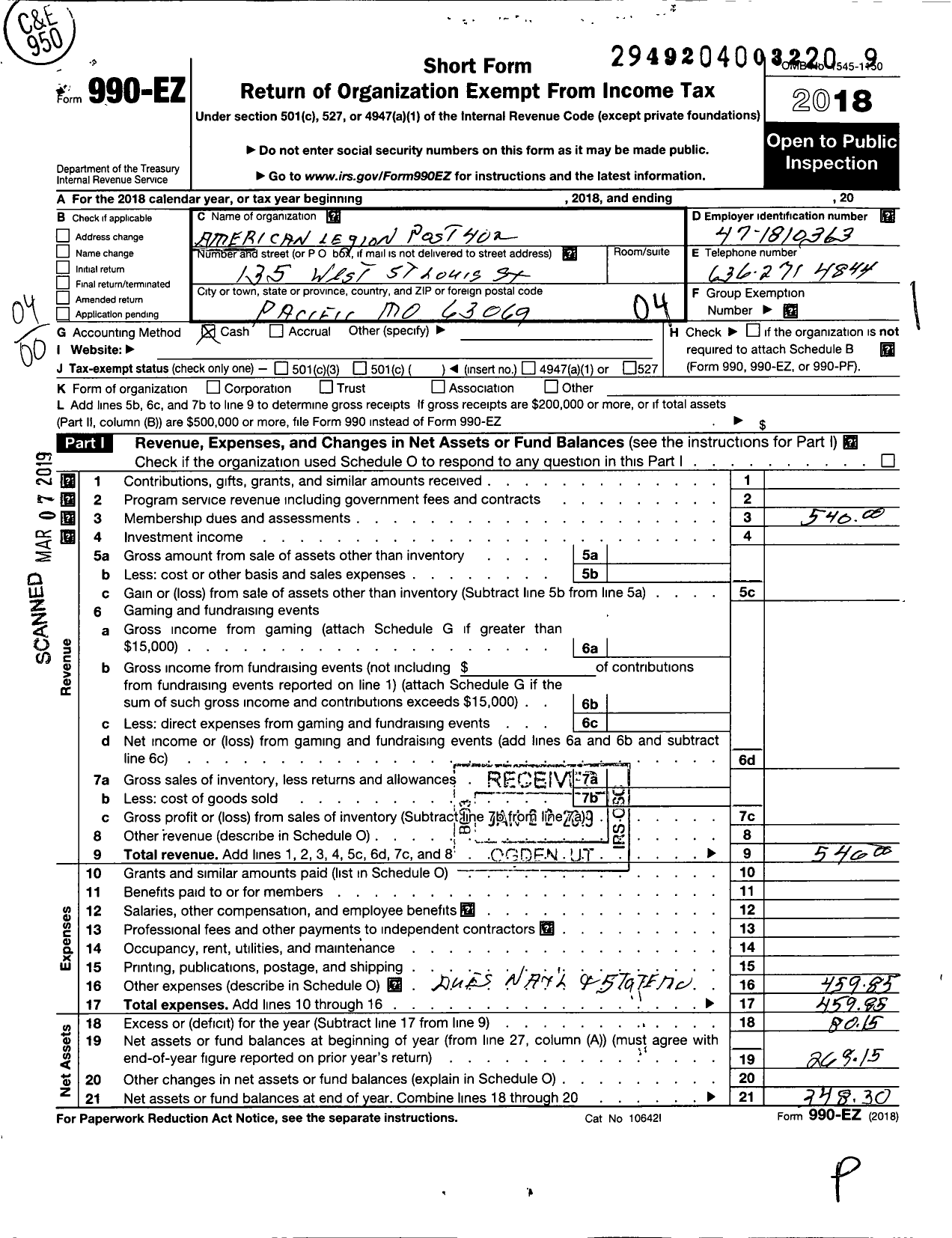 Image of first page of 2018 Form 990EO for American Legion Post 402