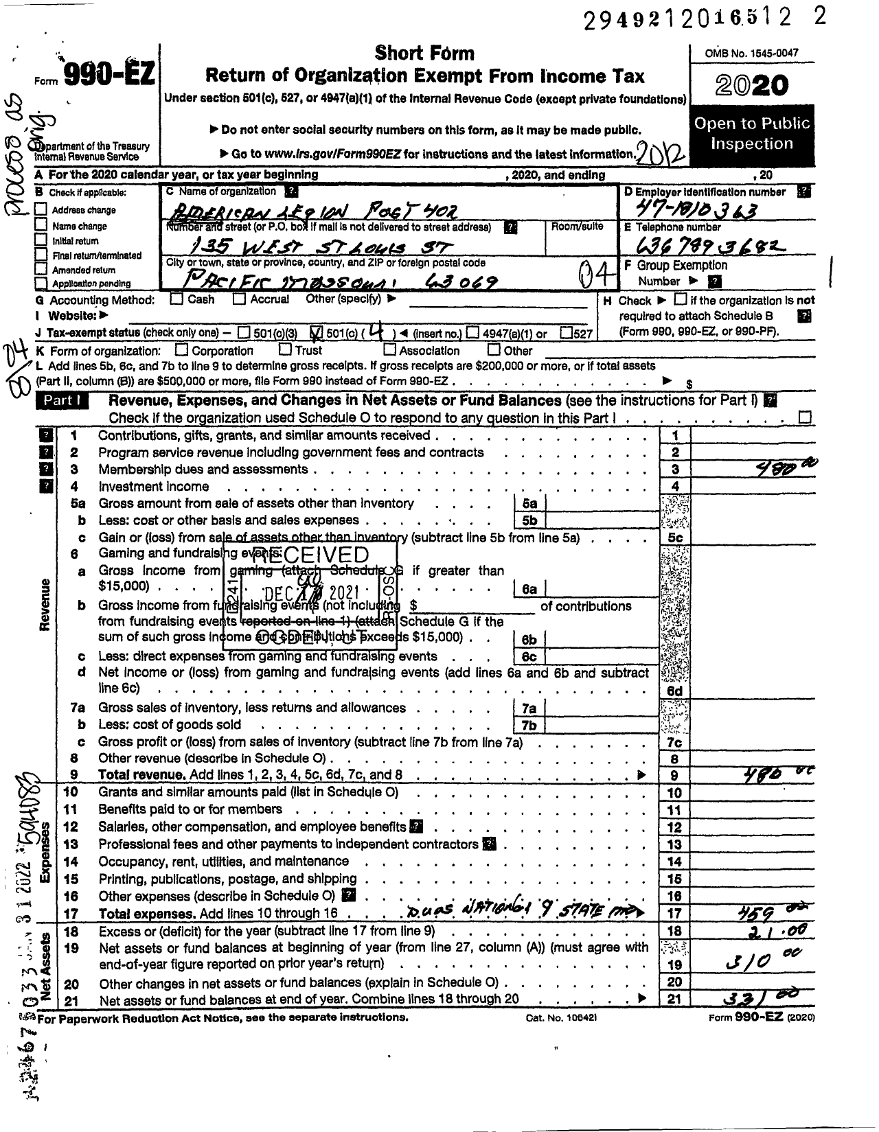 Image of first page of 2020 Form 990EO for American Legion Post 402