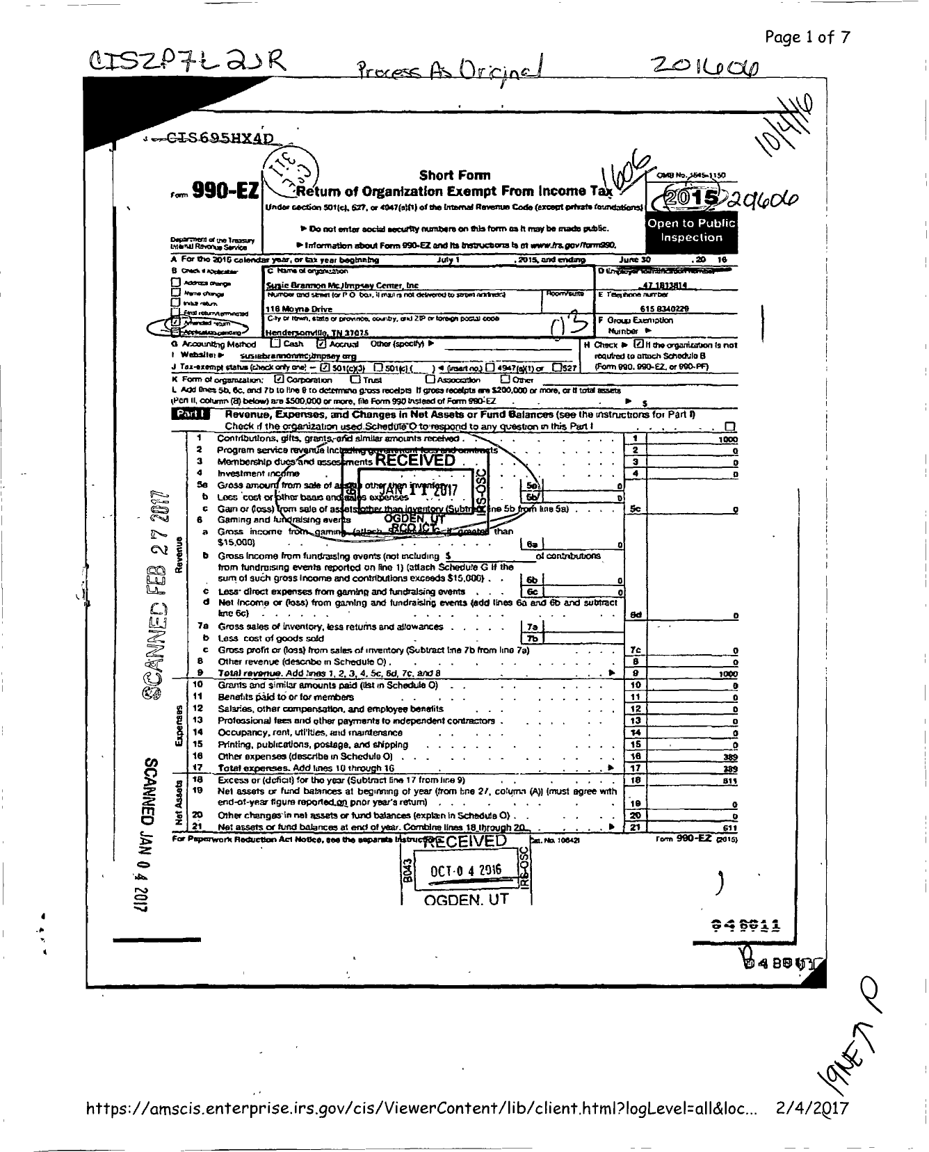 Image of first page of 2015 Form 990EZ for Susie Brannon Mcjimpsey Center