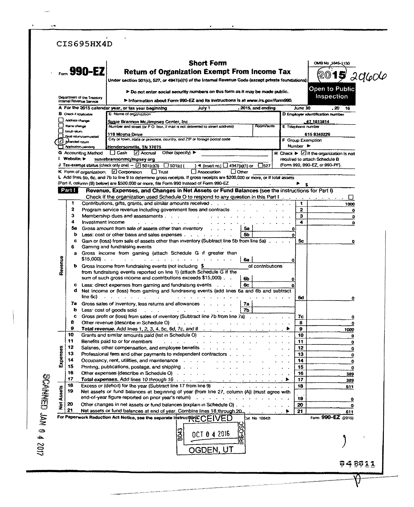 Image of first page of 2015 Form 990EZ for Susie Brannon Mcjimpsey Center