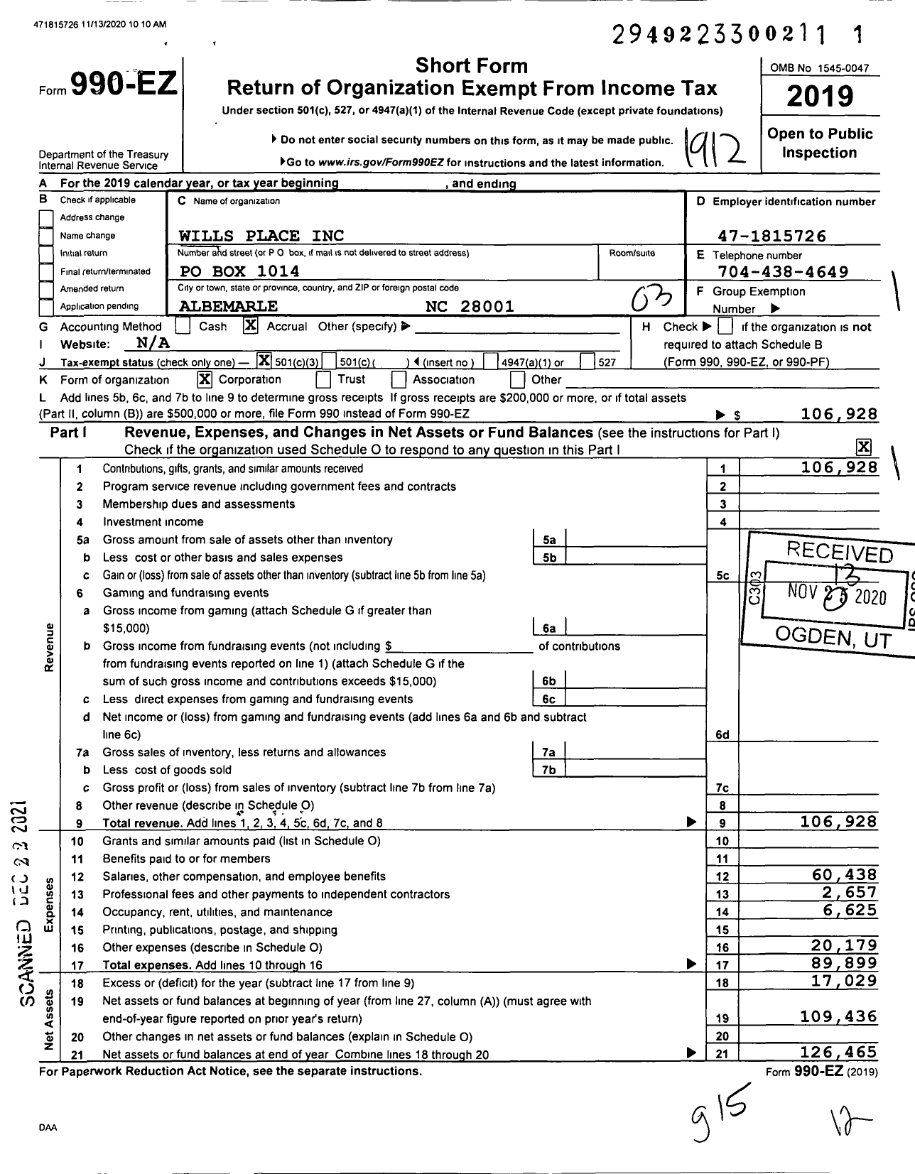 Image of first page of 2019 Form 990EZ for Wills Place