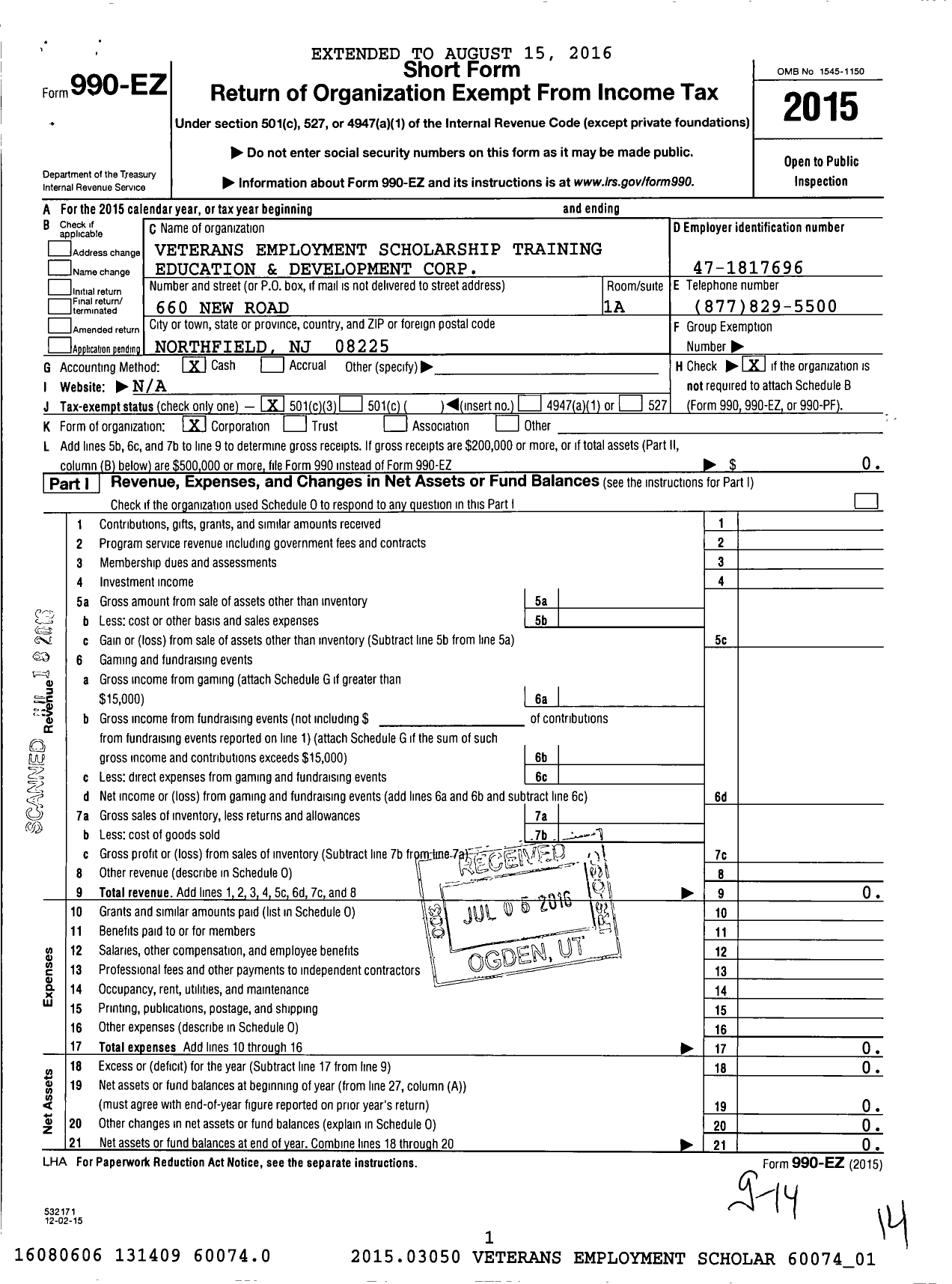 Image of first page of 2015 Form 990EZ for Veterans Employment Scholarship Training Education and Development (VESTED)