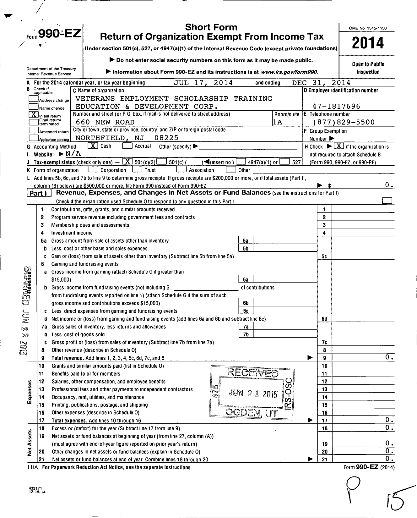 Image of first page of 2014 Form 990EZ for Veterans Employment Scholarship Training Education and Development (VESTED)