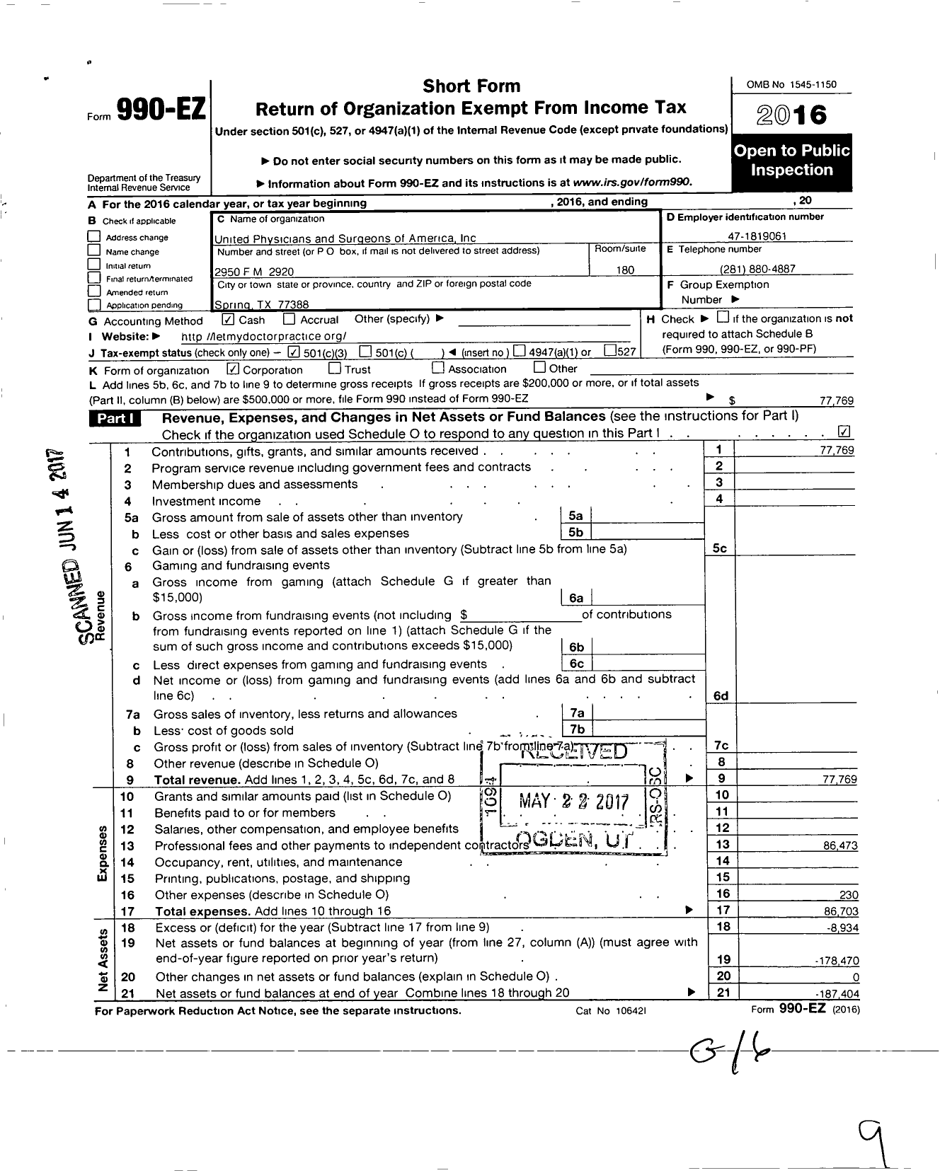 Image of first page of 2016 Form 990EZ for United Physicians and Surgeons of America