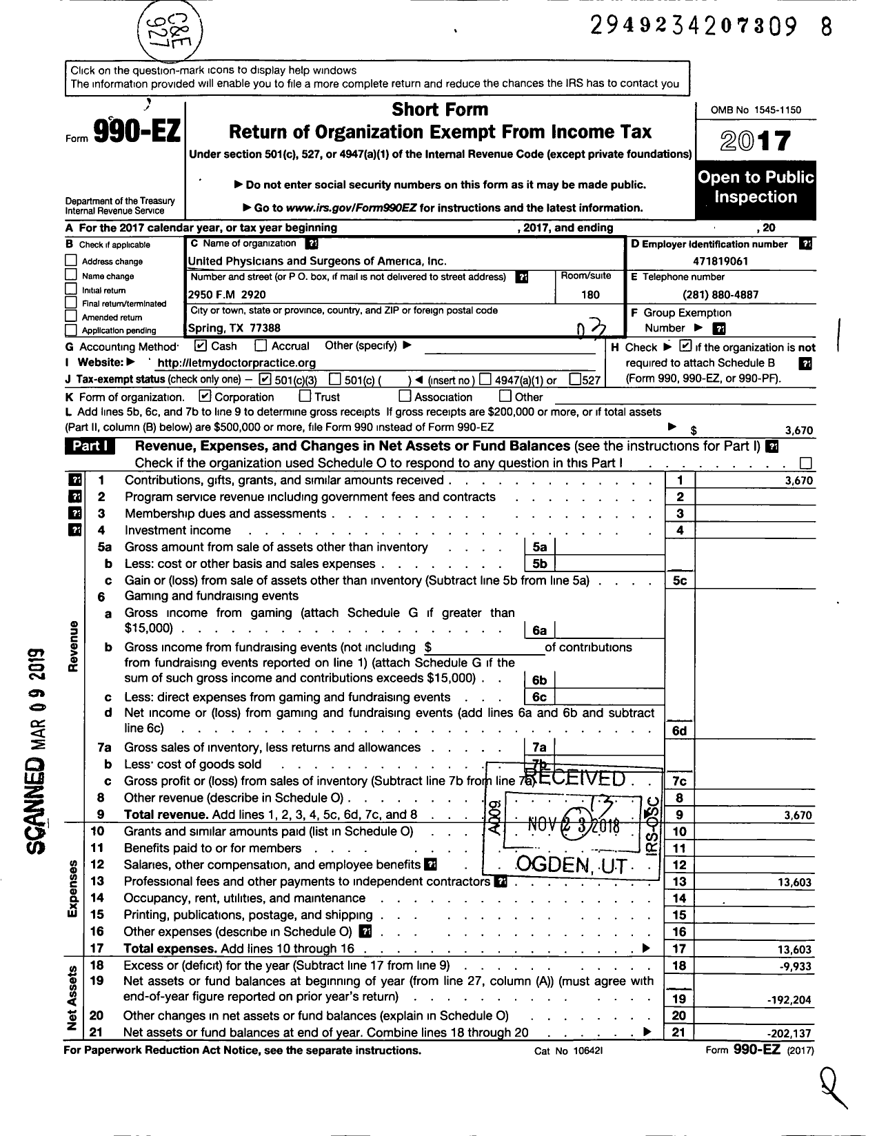 Image of first page of 2017 Form 990EZ for United Physicians and Surgeons of America