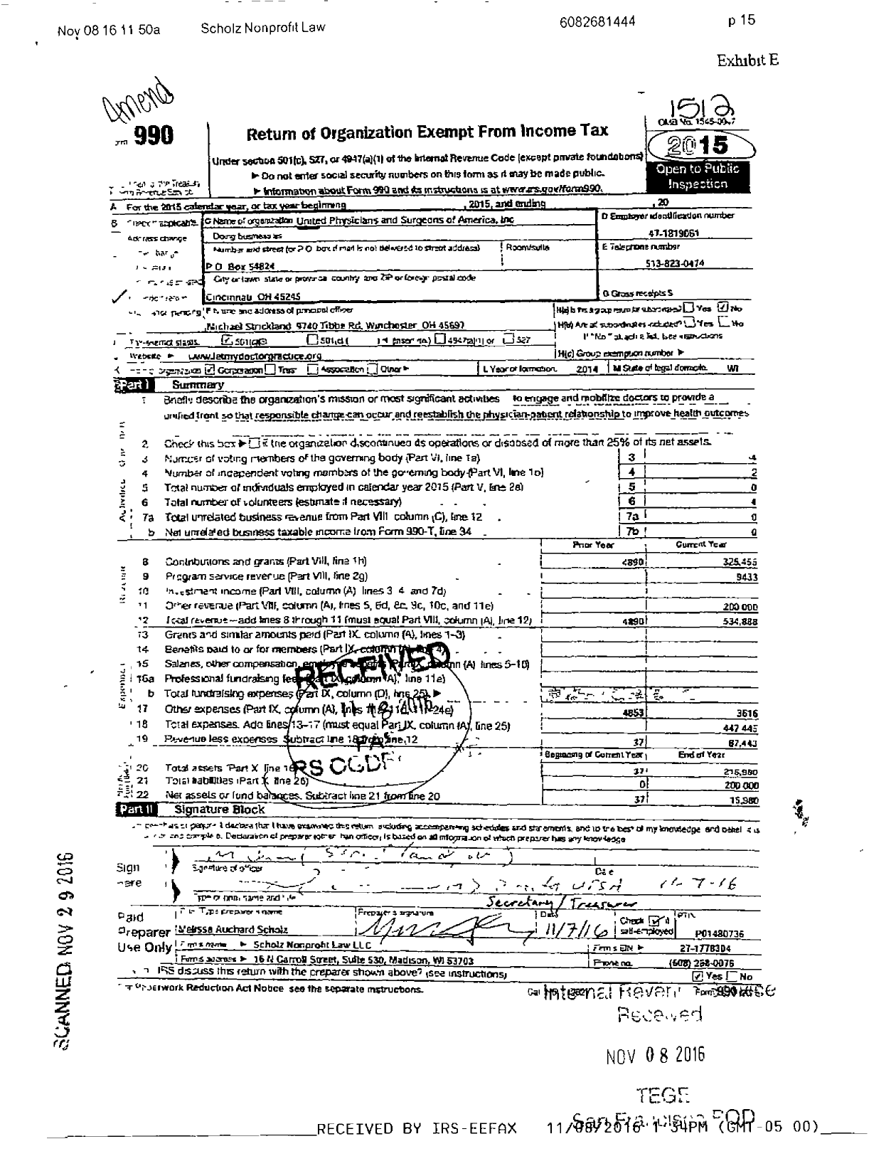 Image of first page of 2015 Form 990 for United Physicians and Surgeons of America