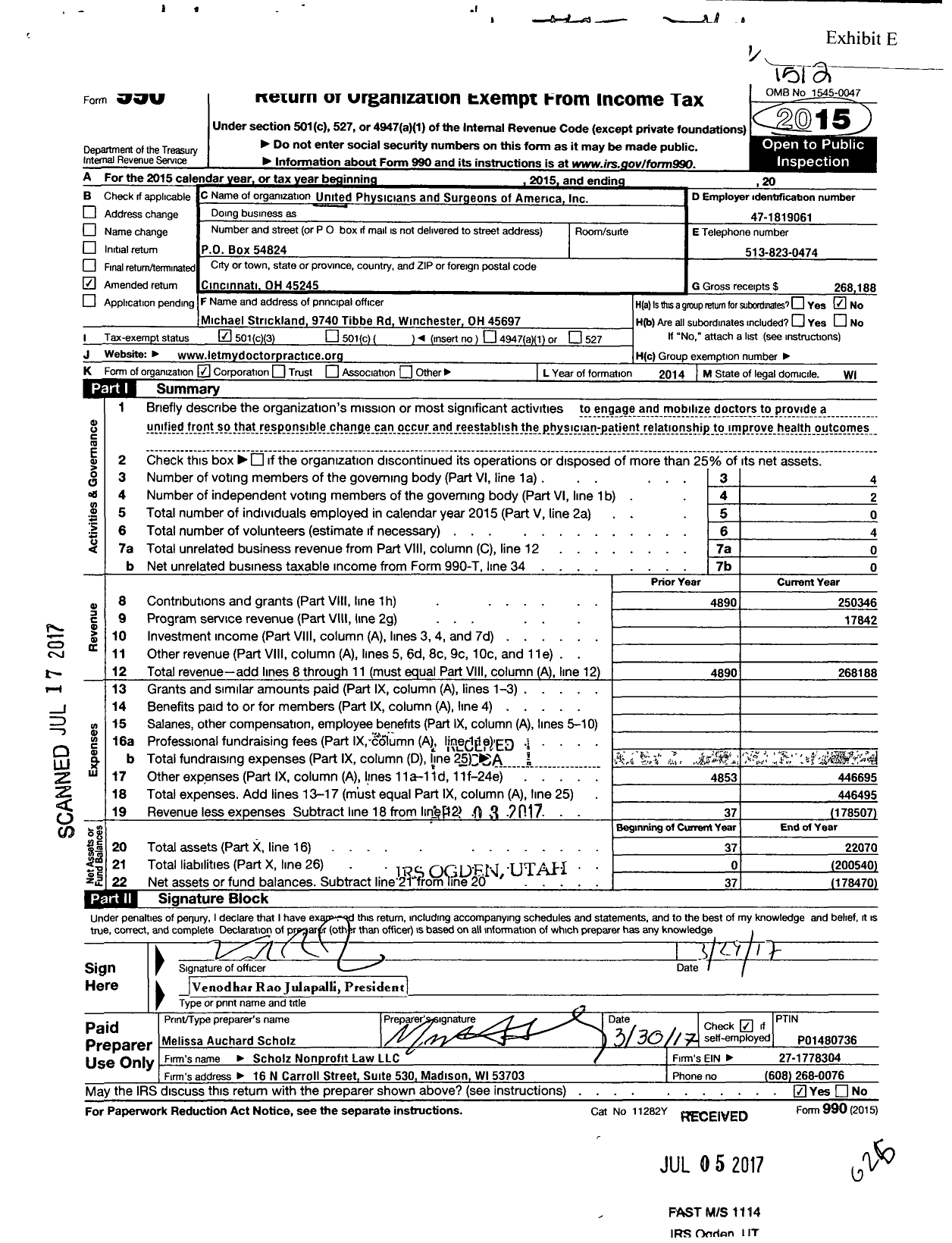 Image of first page of 2015 Form 990 for United Physicians and Surgeons of America