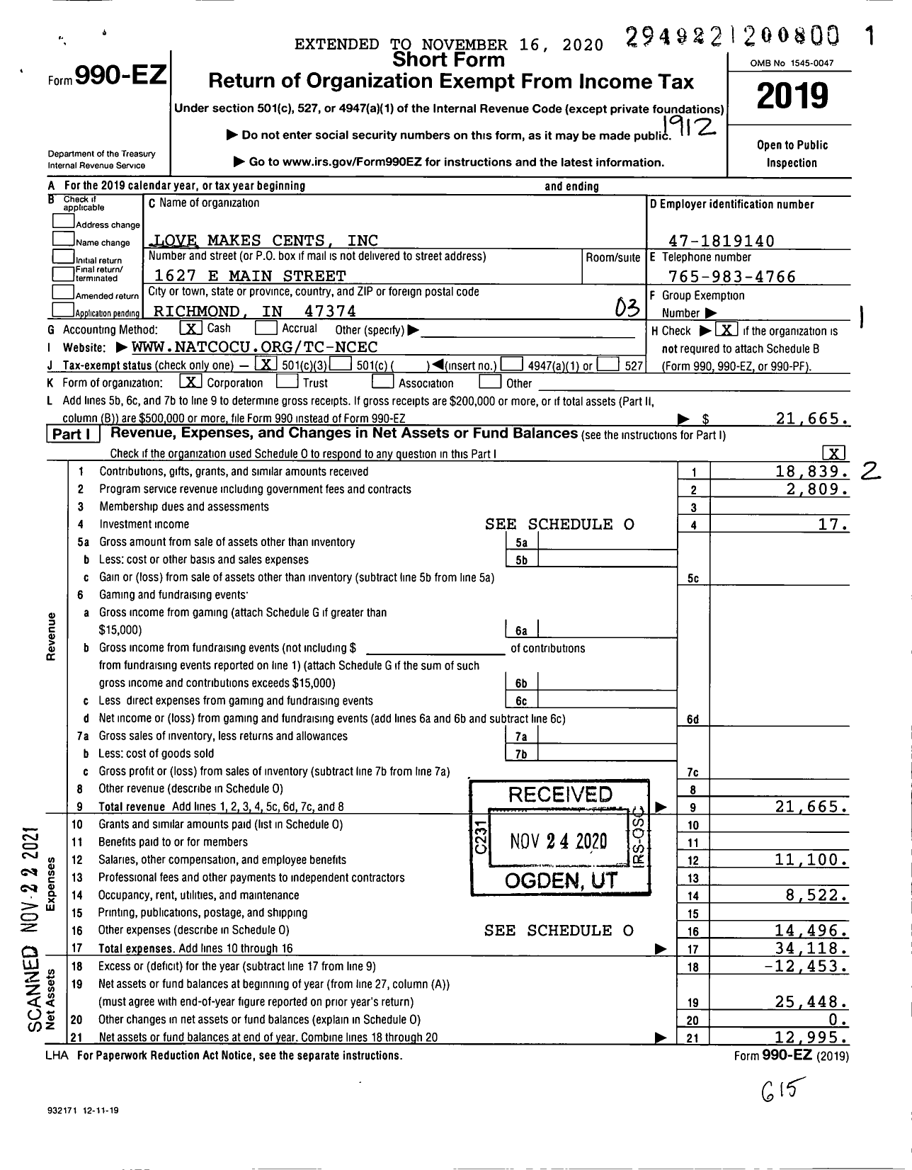 Image of first page of 2019 Form 990EZ for Love Makes Cents