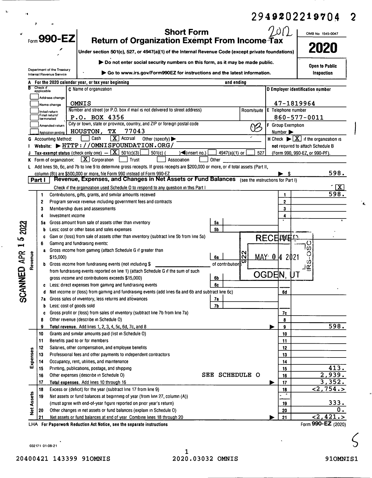 Image of first page of 2020 Form 990EZ for Omnis