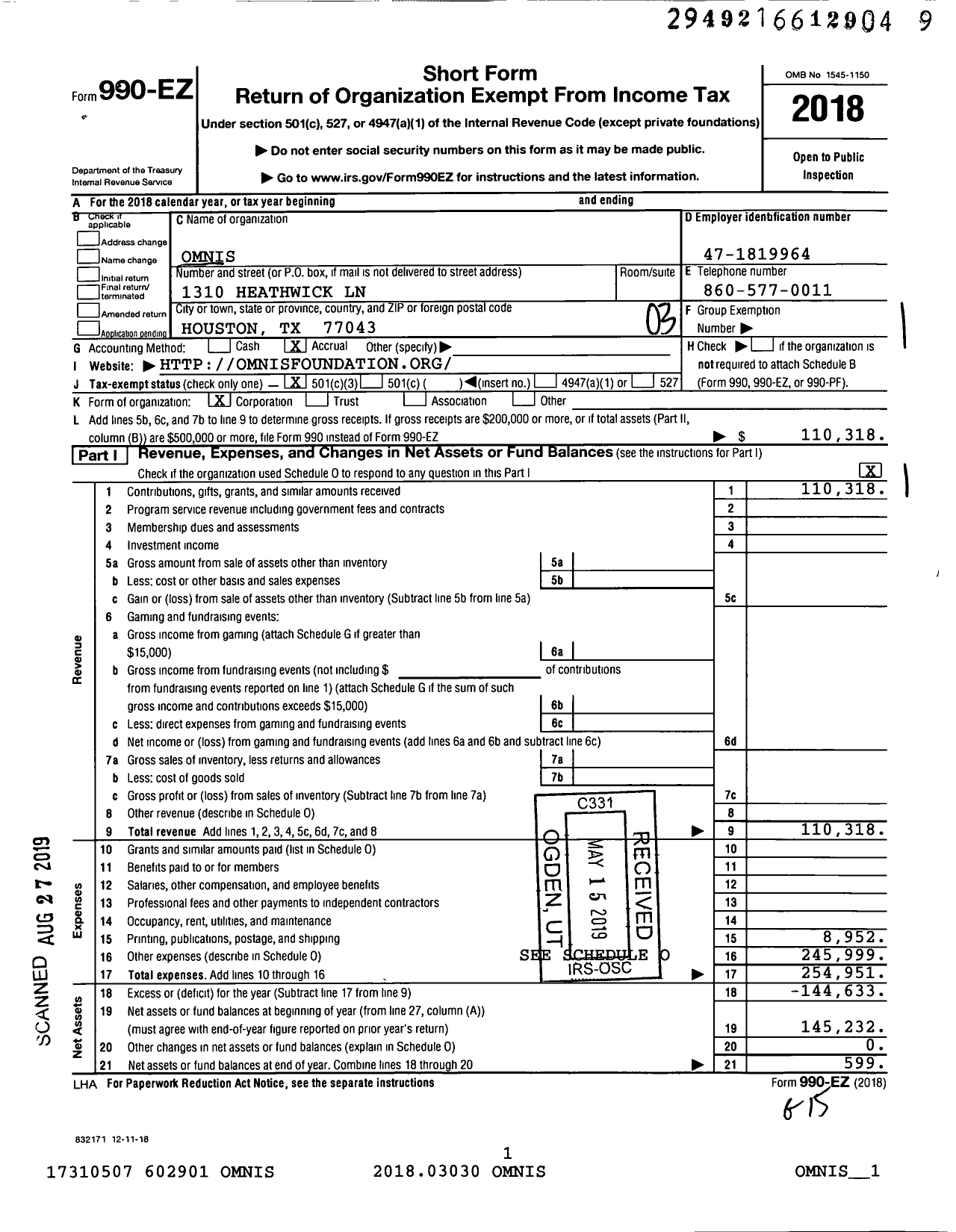 Image of first page of 2018 Form 990EZ for Omnis